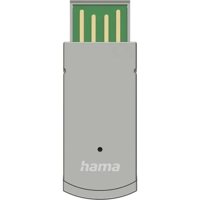Unidad USB gris con contactos internos verdes. Logotipo de Hama visible.