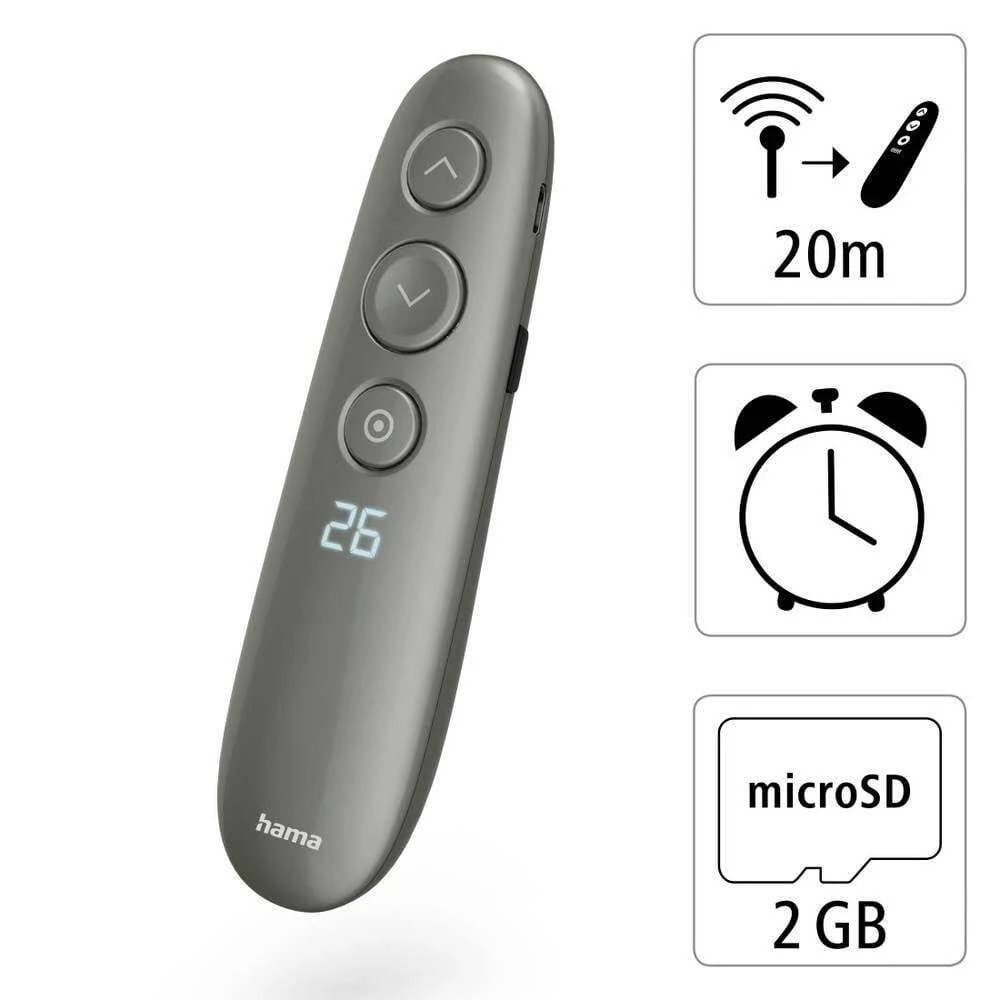 Un mando a distancia gris para presentaciones con botones y pantalla, con iconos.