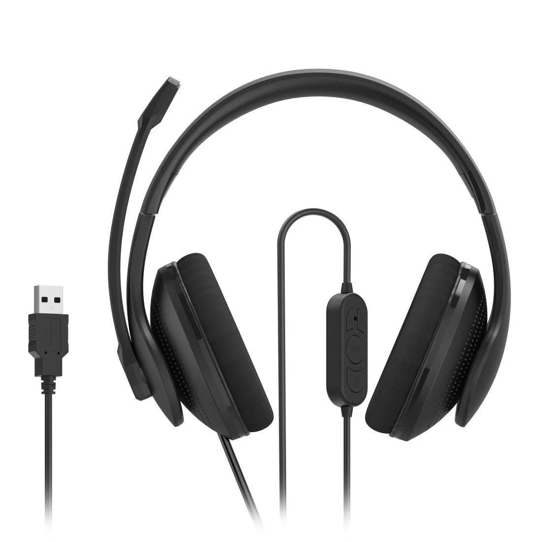 Auriculares negros con conector USB y control, sobre fondo blanco.
