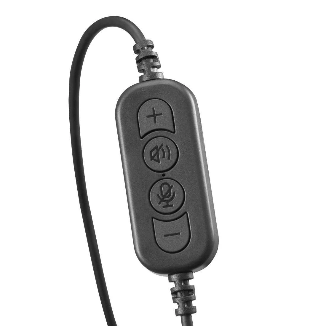 Primer plano de un control remoto de auriculares. Hay tres botones en él.