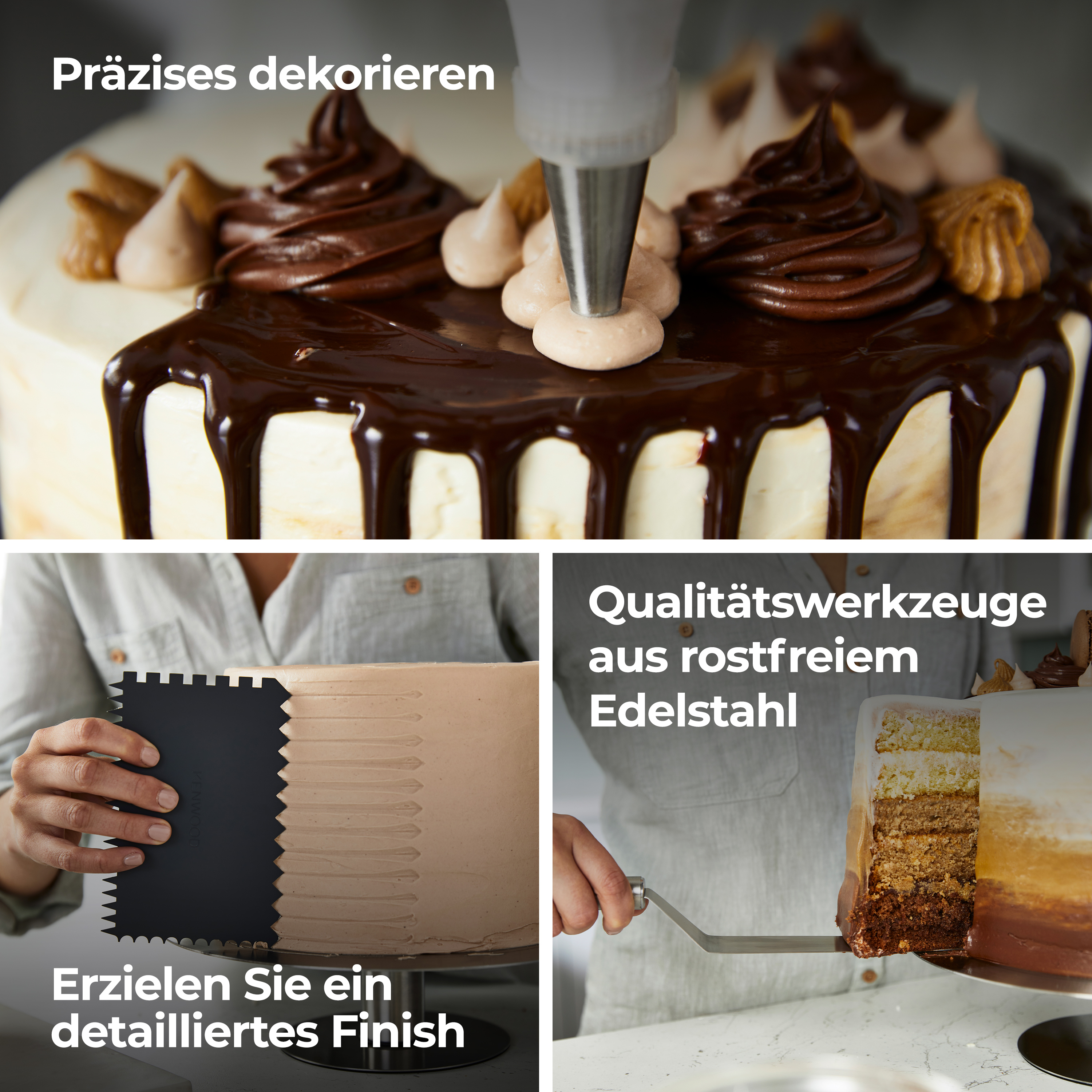 Kuchendekoration mit Zuckerguss und Werkzeug. Text-Overlays. Kuchenschichten sind sichtbar.