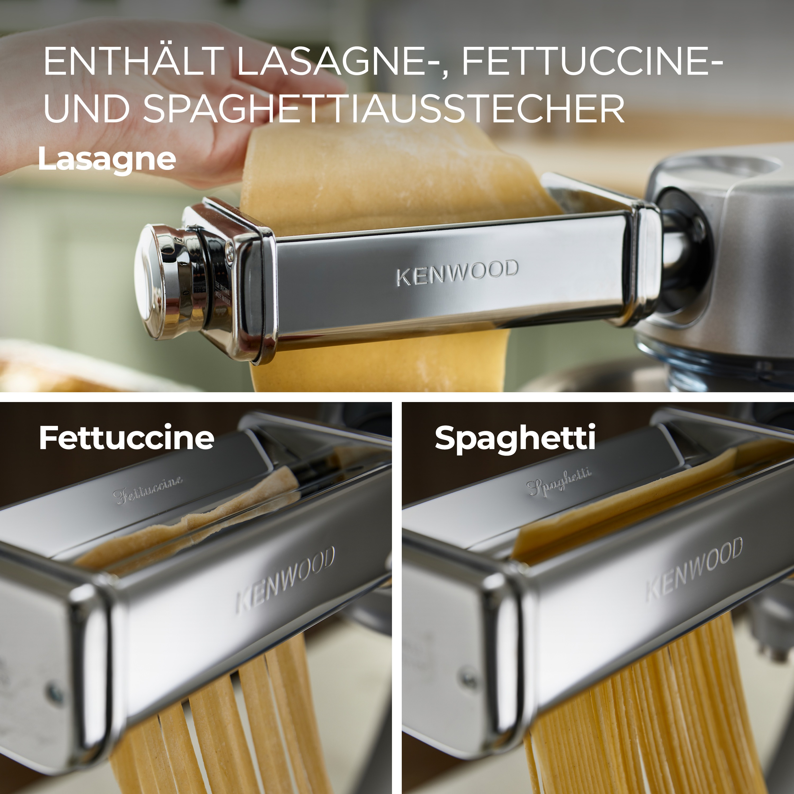 Pastamaschine, die Lasagne, Fettuccine und Spaghetti herstellt. Textbezeichnungen für jede Pastasorte auf Italienisch.