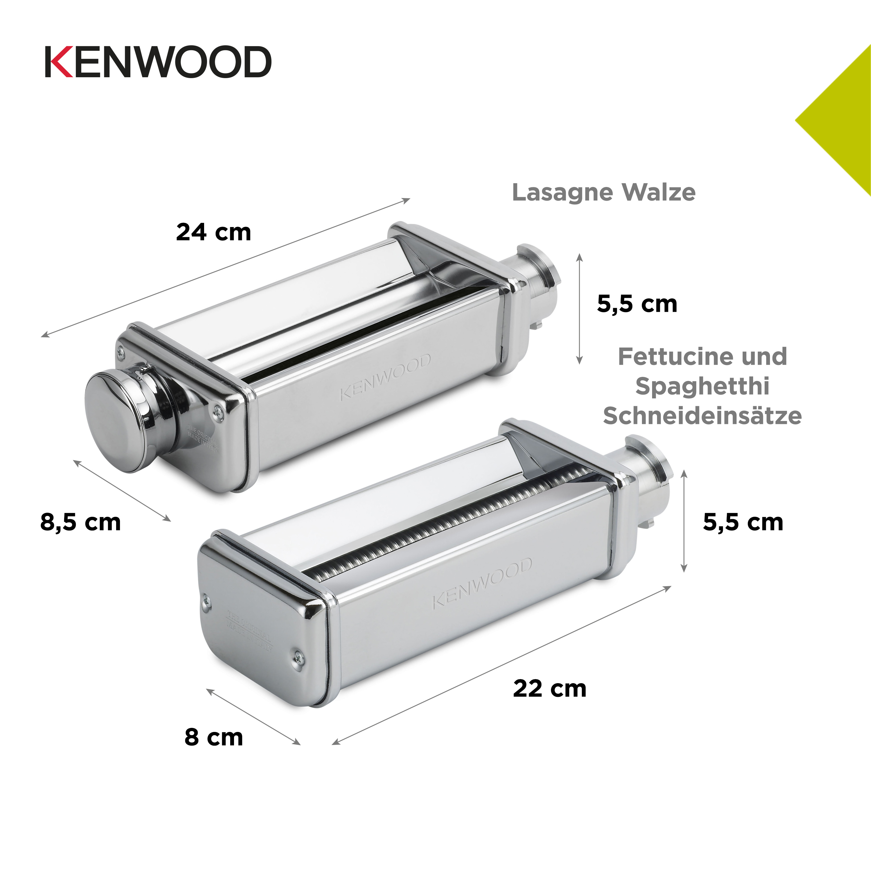 Zwei Kenwood-Nudelmaschinenaufsätze mit Maßangaben, weißer Hintergrund.