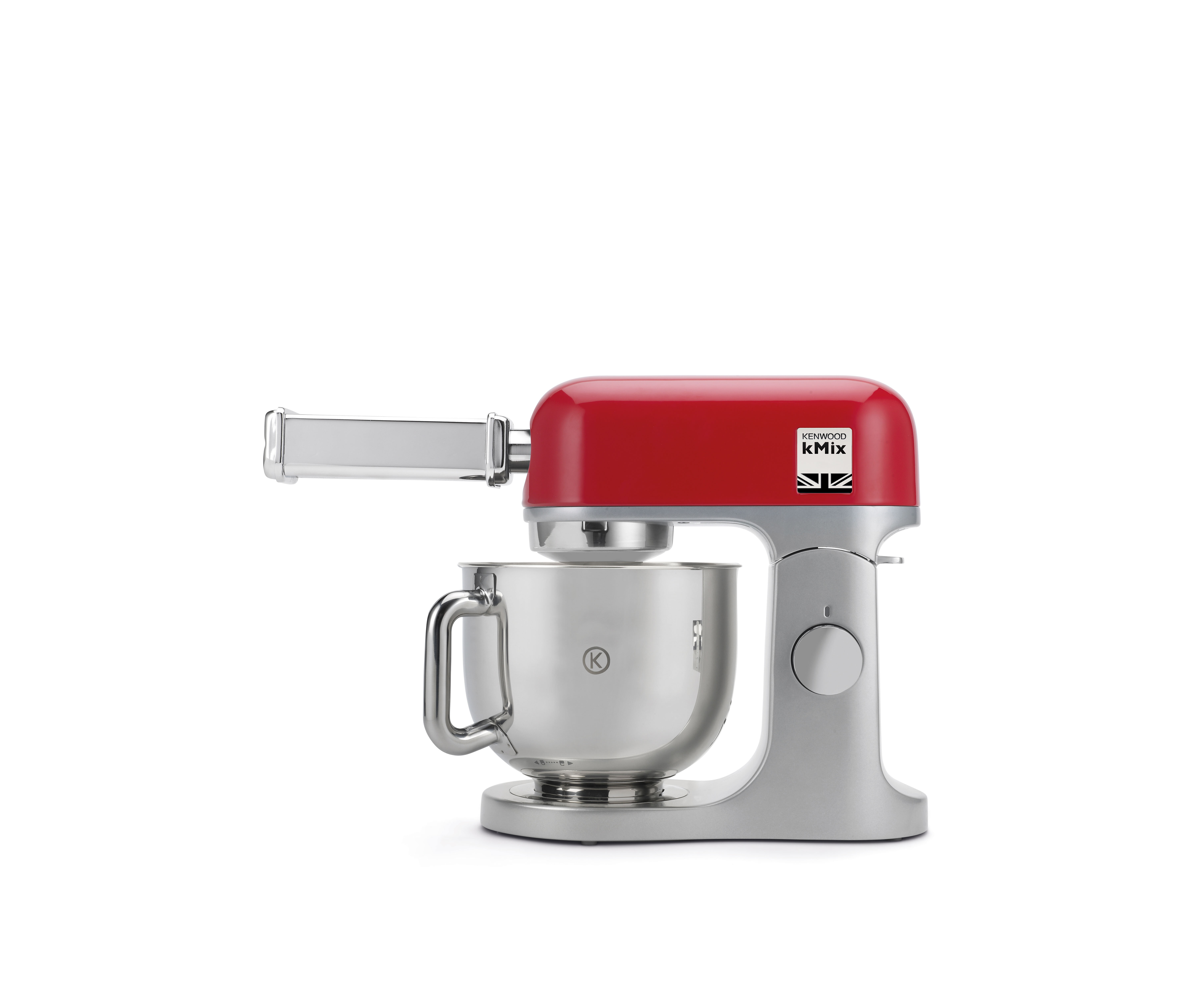 Ein roter kMix-Küchenmixer mit einem Nudelroller. Der Mixer hat eine silberne Schüssel und Aufsätze.