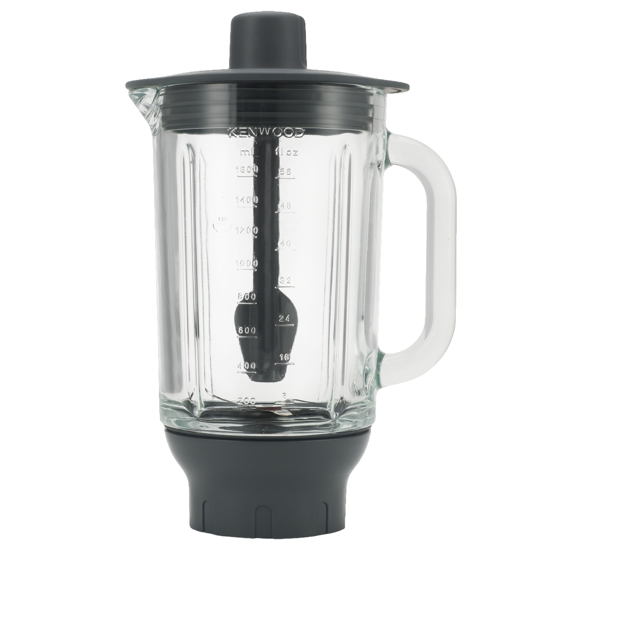 Kenwood-Mixer-Glasbehälter mit Messungen und Griff vor schwarzem Hintergrund.