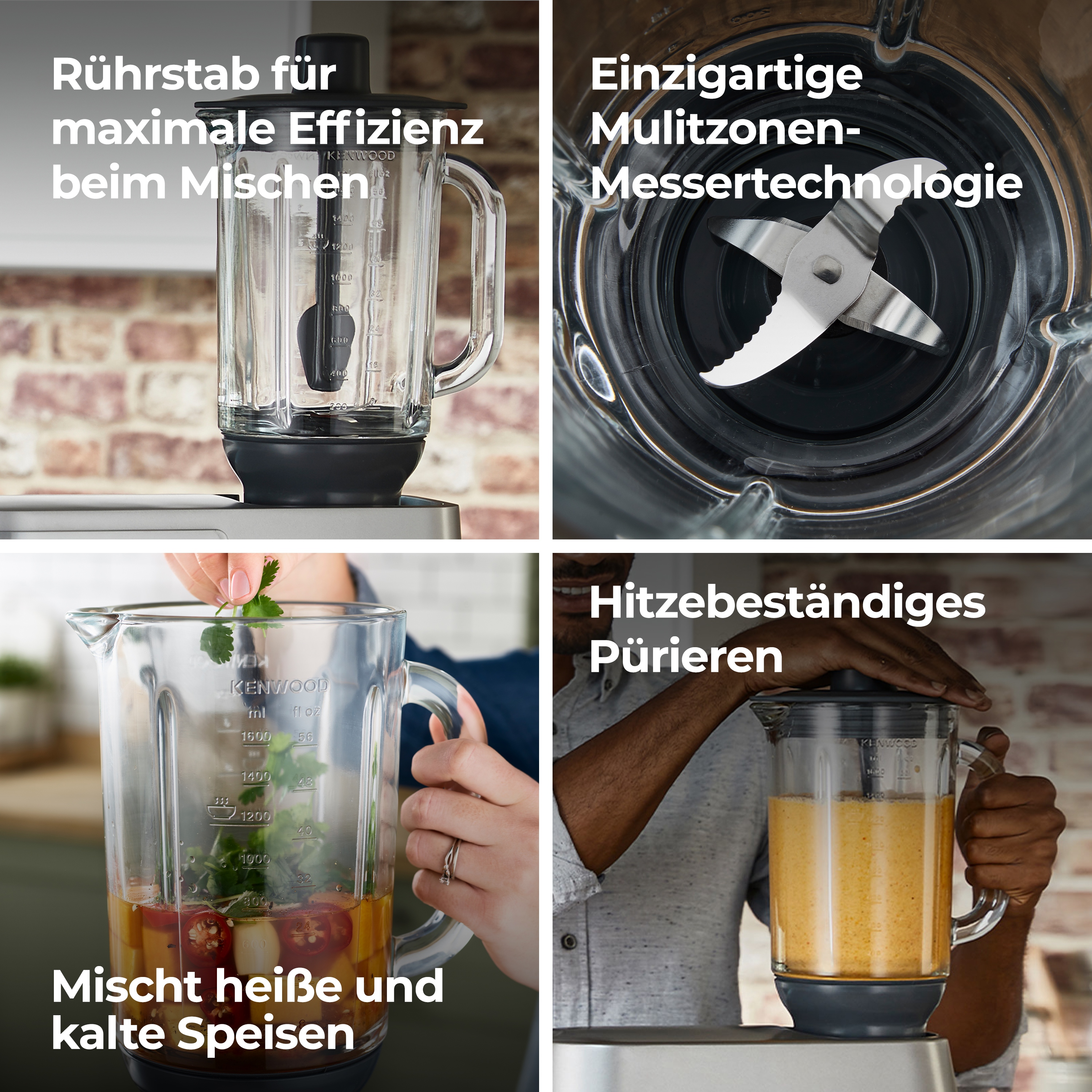 Ein Mixer in verschiedenen Phasen. Verfügt über einen Rührstab, Klingen und Zutaten.