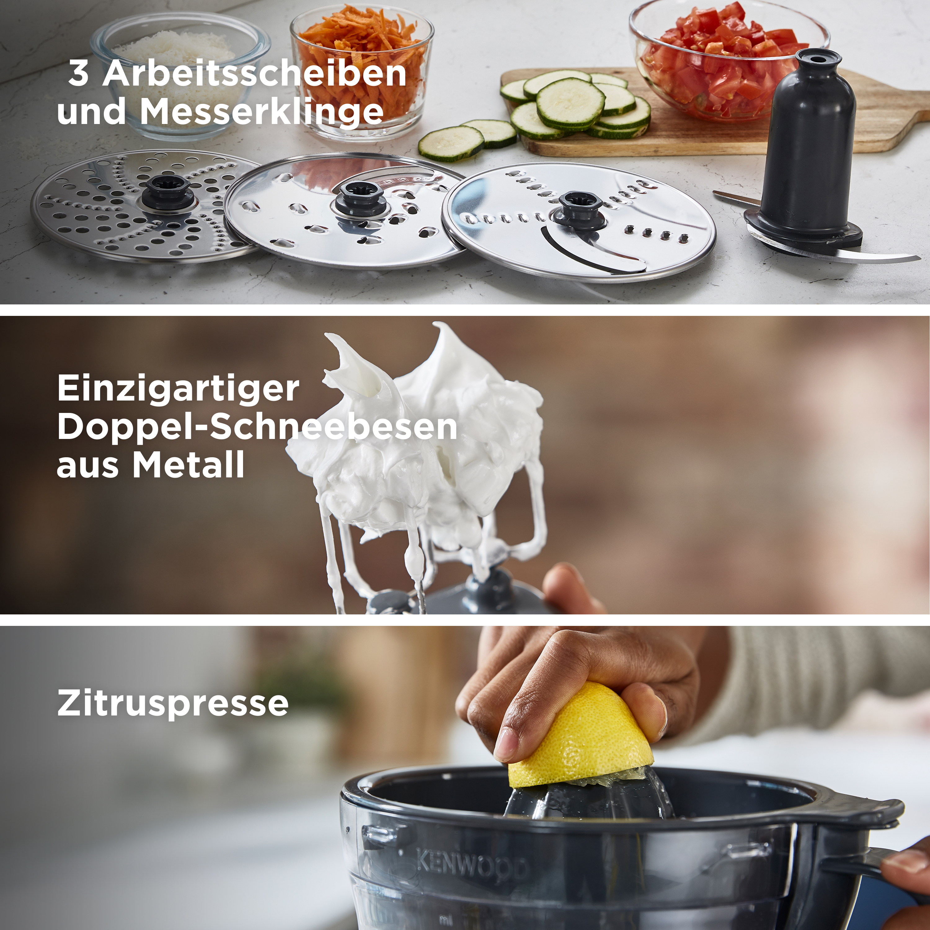 Drei verschiedene Aufsätze für ein Küchengerät. Das obere Bild zeigt geriebene Karotten und Reis.