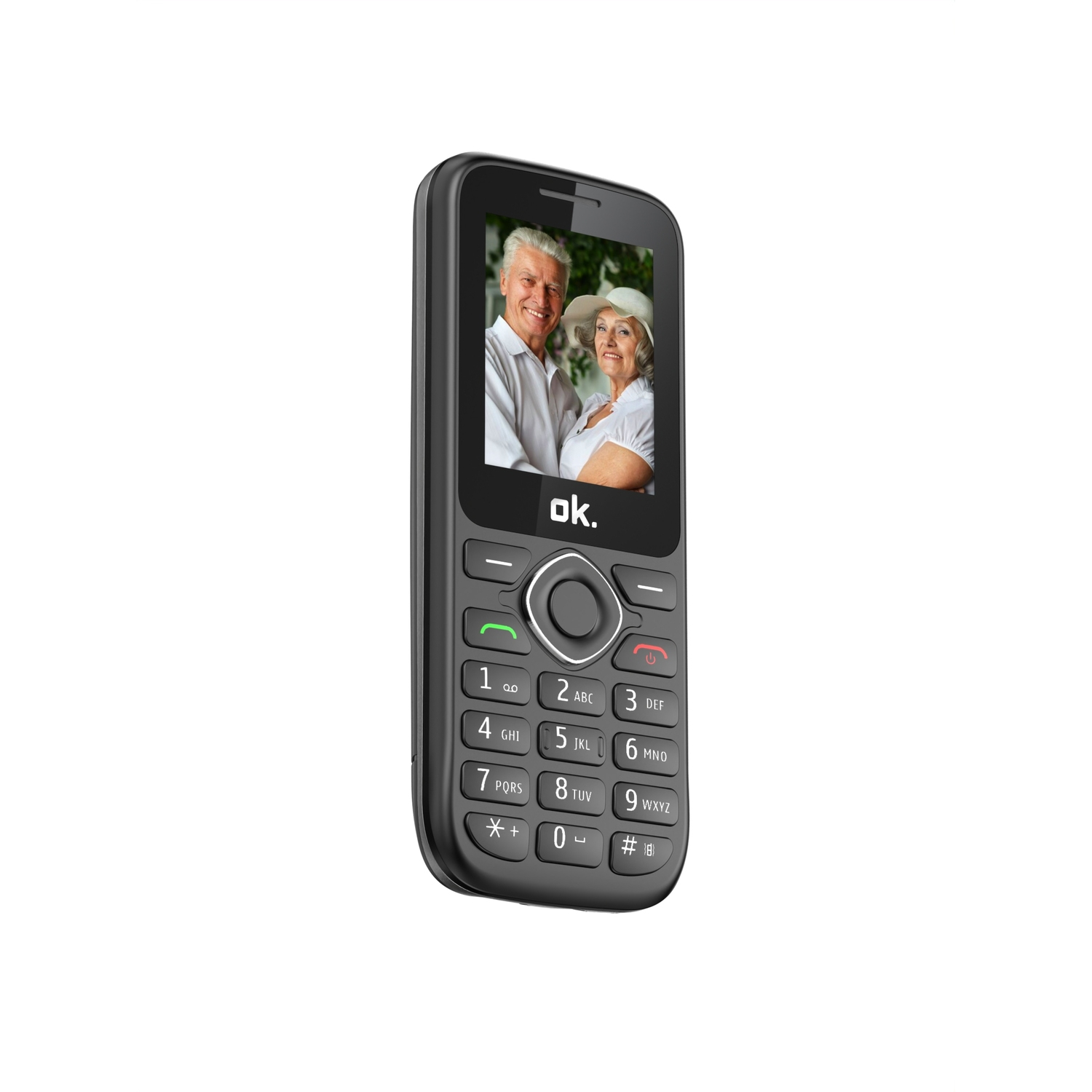 Un téléphone portable noir affichant une photo d'un couple de personnes âgées sur l'écran.