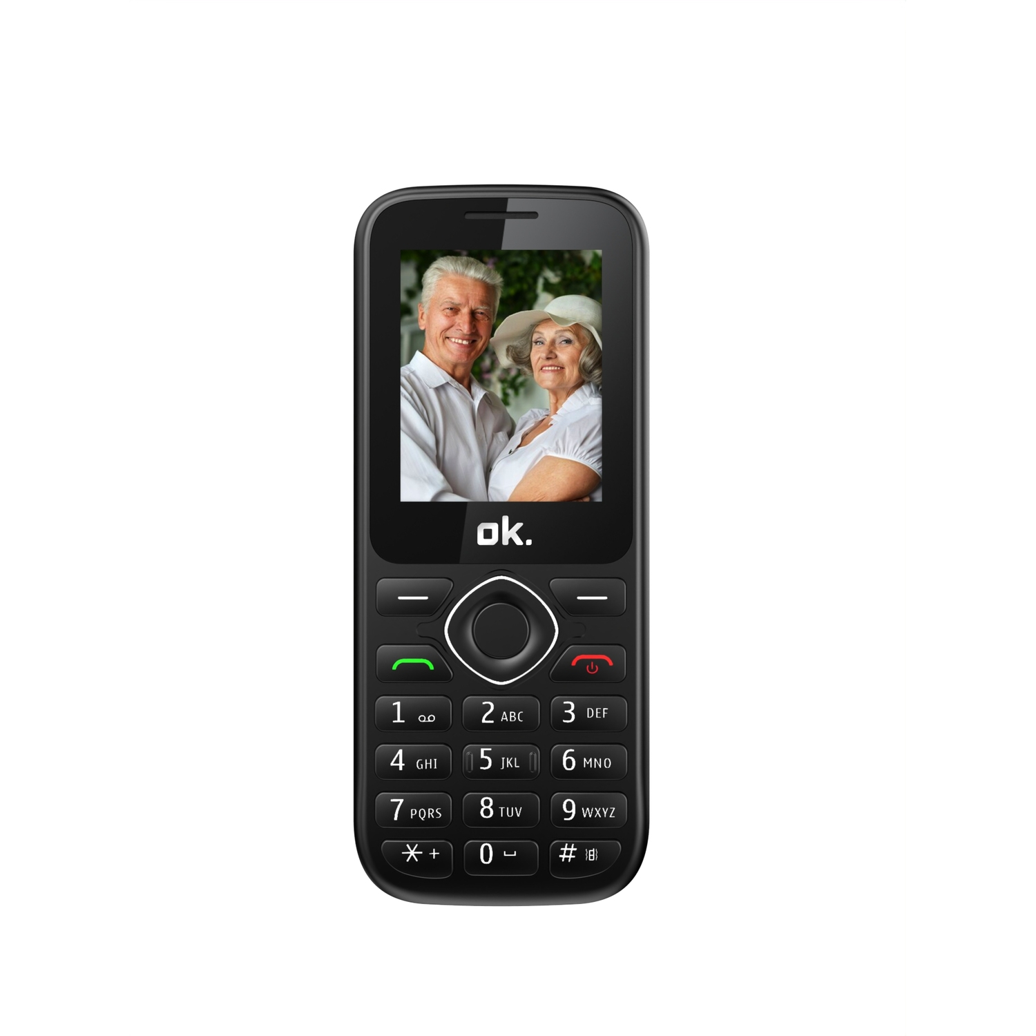 Un téléphone portable noir affiche une photo d'un couple de personnes âgées. Le téléphone indique 'ok.'.