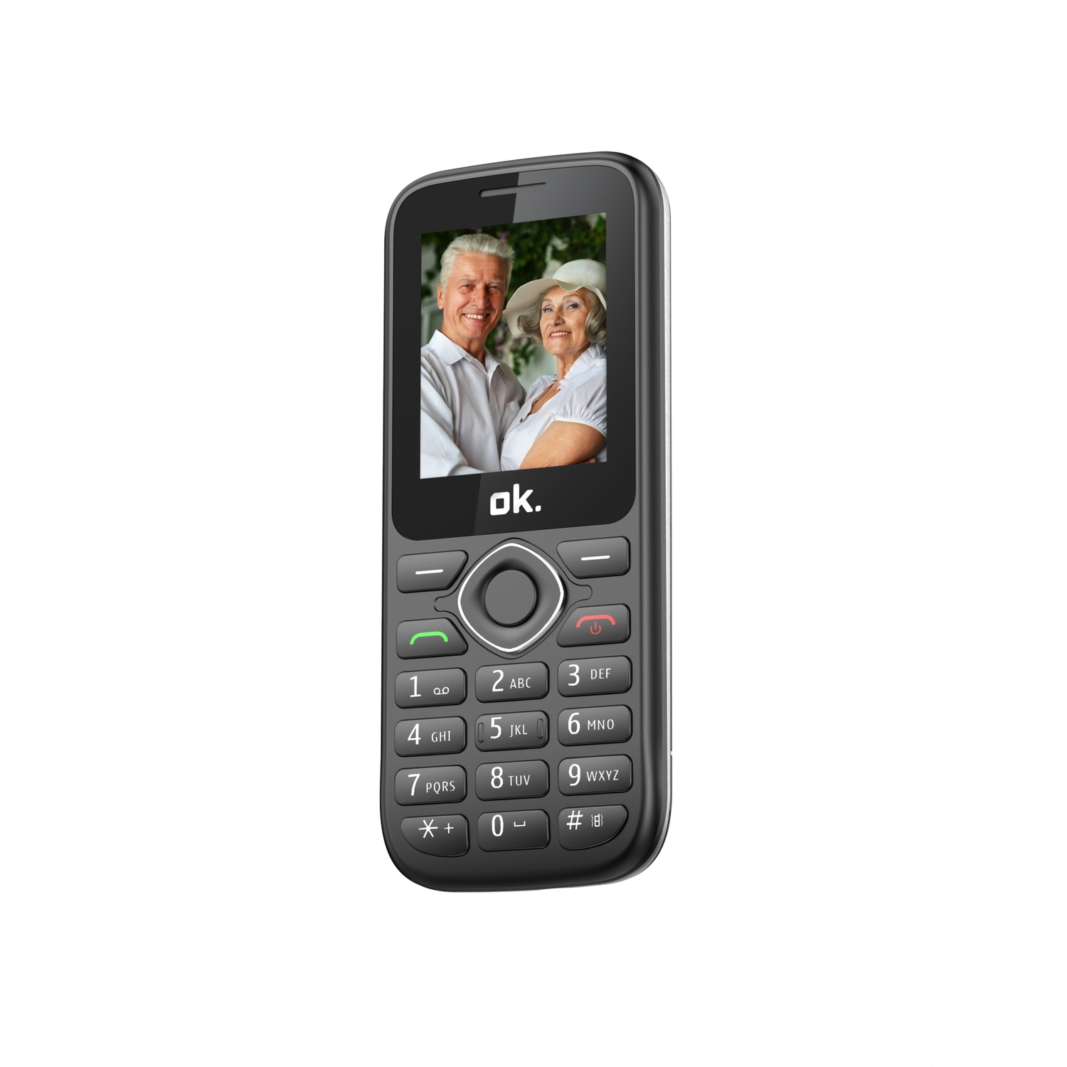 Téléphone à clapet noir avec un écran affichant un couple de personnes âgées. Il a des boutons et un logo ok..