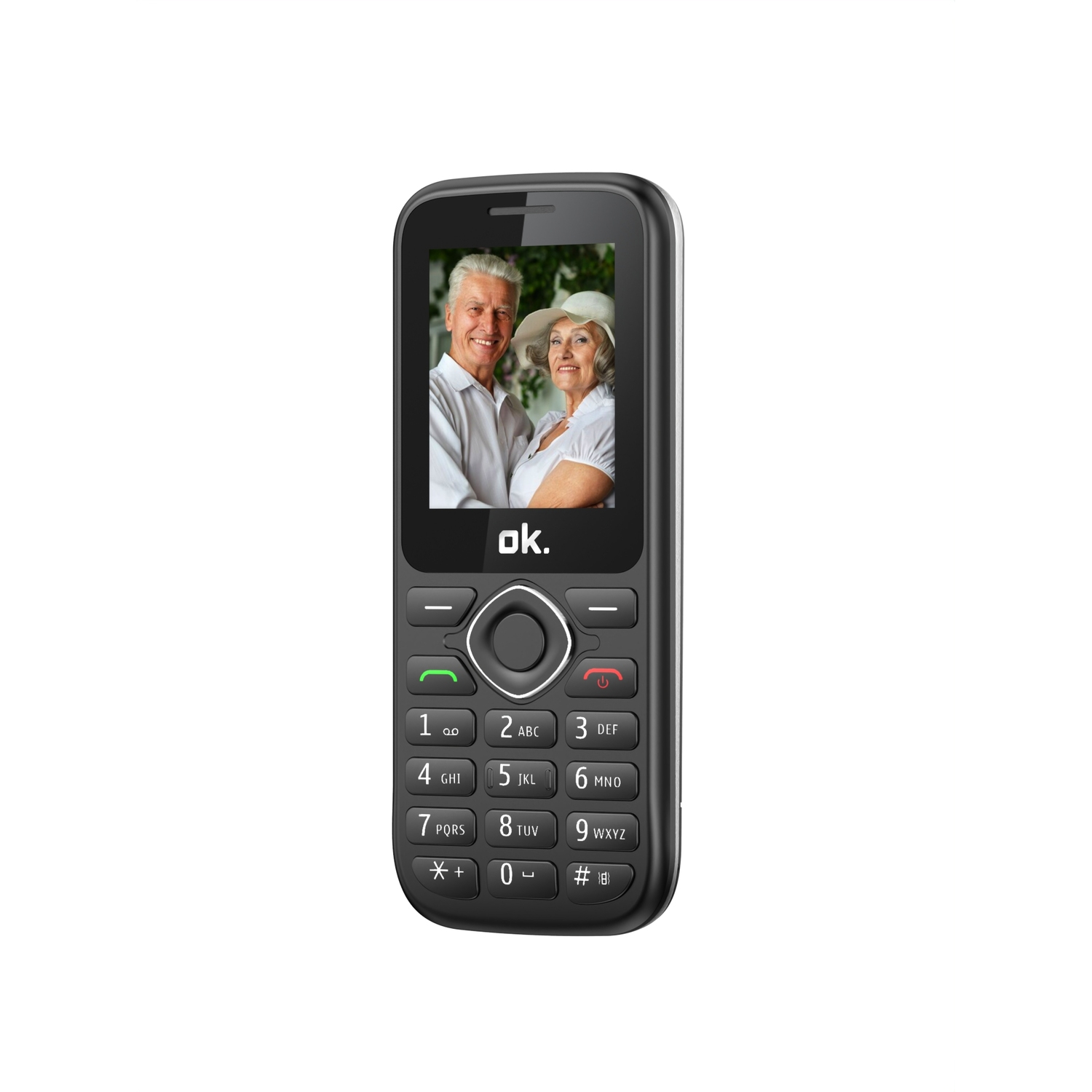 Téléphone portable noir avec une photo d'un couple de personnes âgées sur l'écran. Il a des boutons et un haut-parleur.