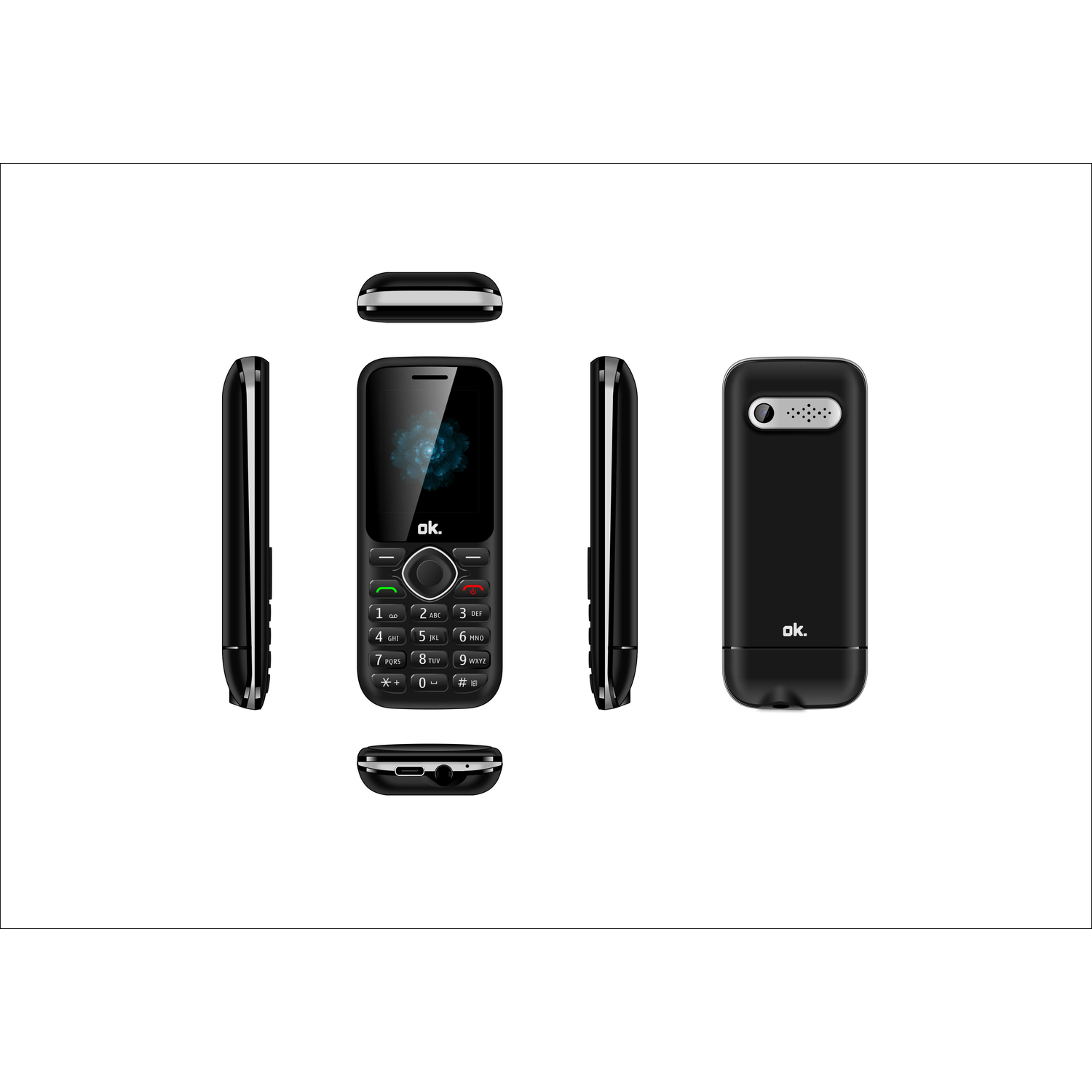 Plusieurs vues d'un téléphone basique noir.