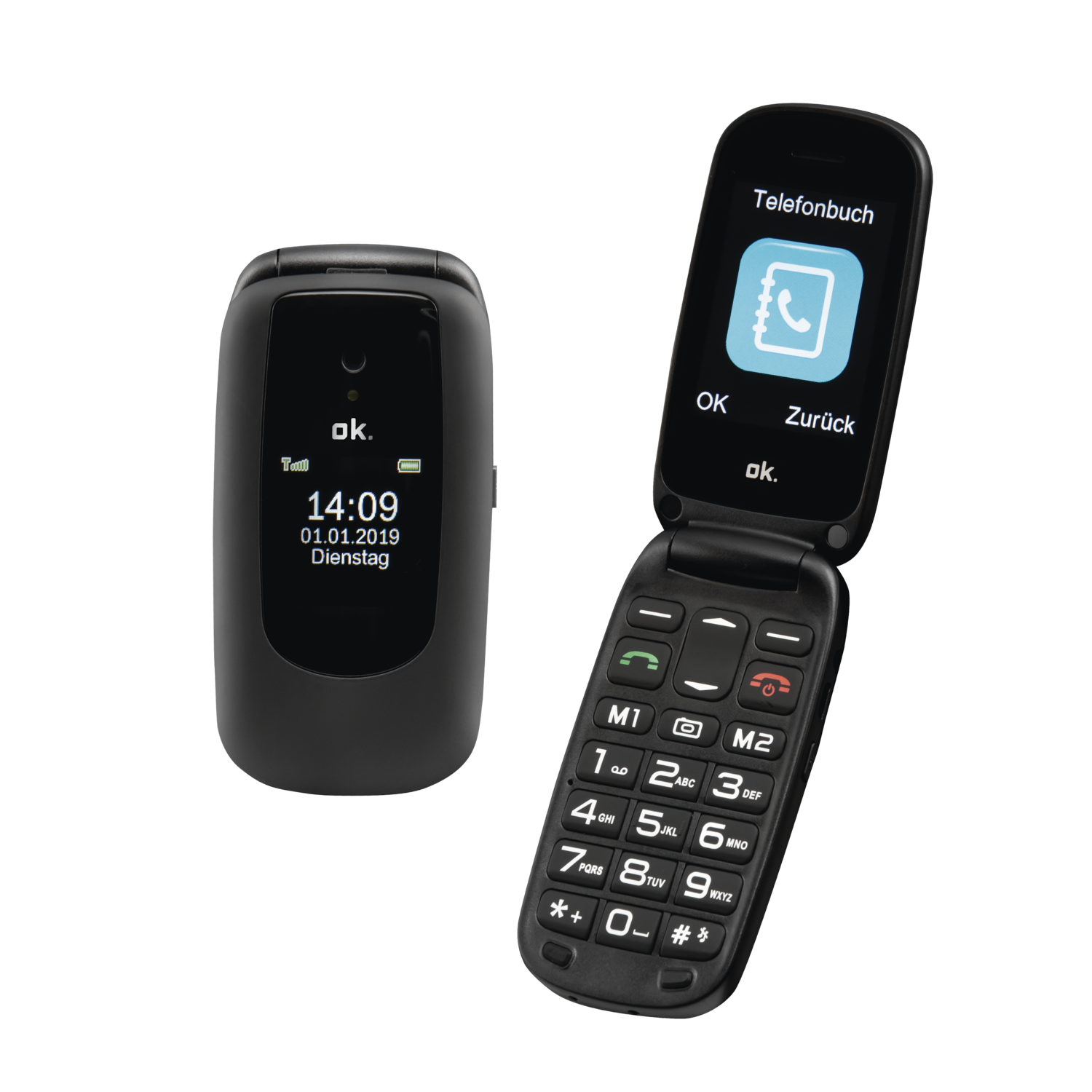 Zwarte clamshell-telefoon, open en dicht. Open telefoon toont een contactenlijst. Gesloten telefoon toont tijd en datum.