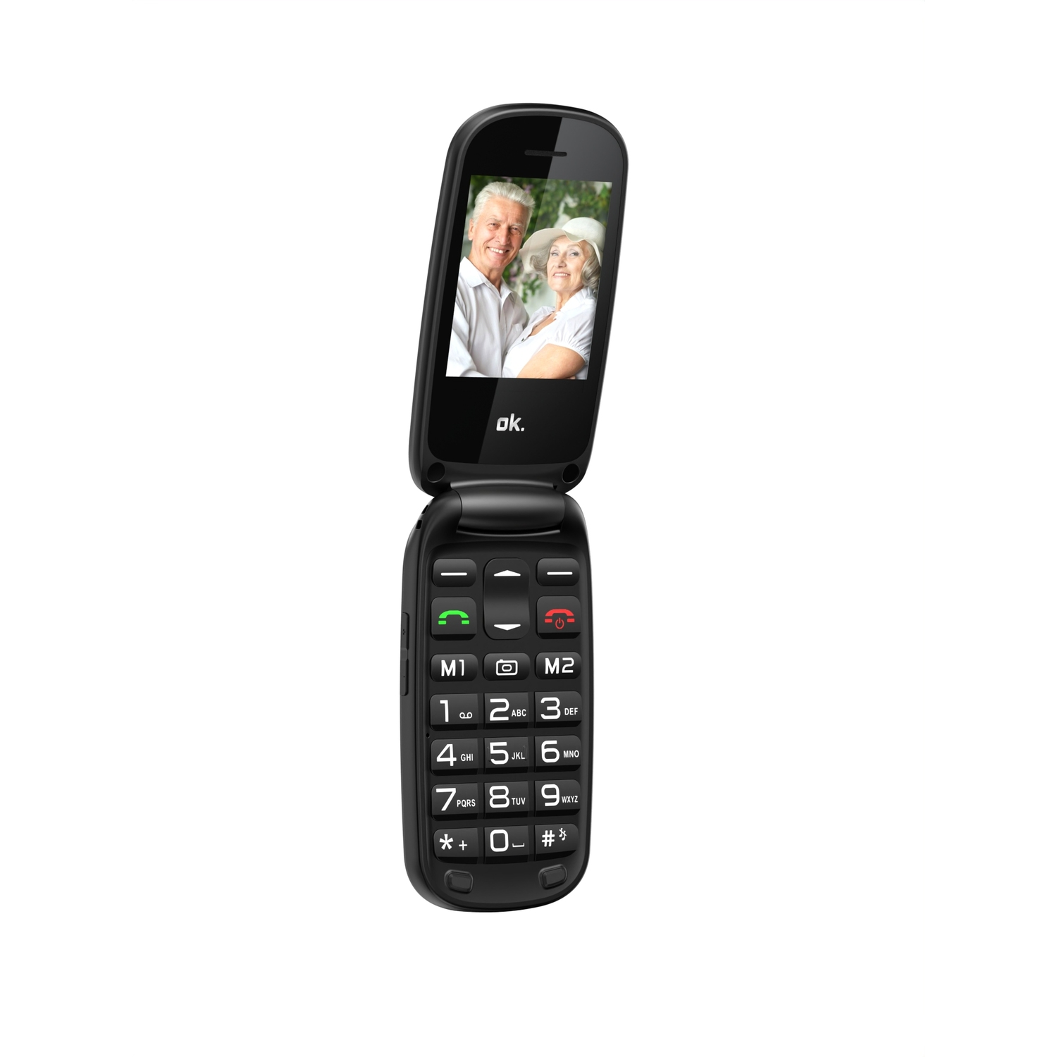 Zwarte klaptelefoon met scherm met een stel. De telefoon heeft een toetsenbord met grote knoppen.