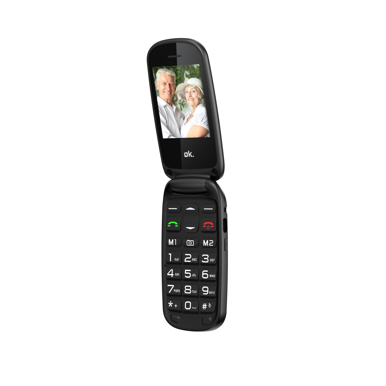 Zwarte klaptelefoon met foto van een stel op het scherm, grote knoppen en een witte achtergrond.