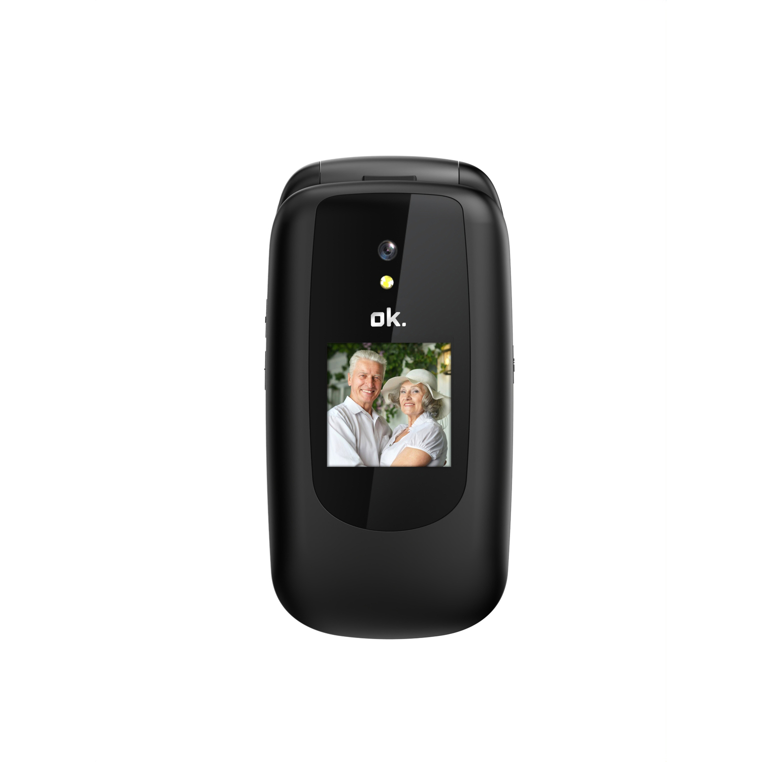Een zwarte klaptelefoon wordt getoond met een afbeelding van een lachend stel op het scherm.