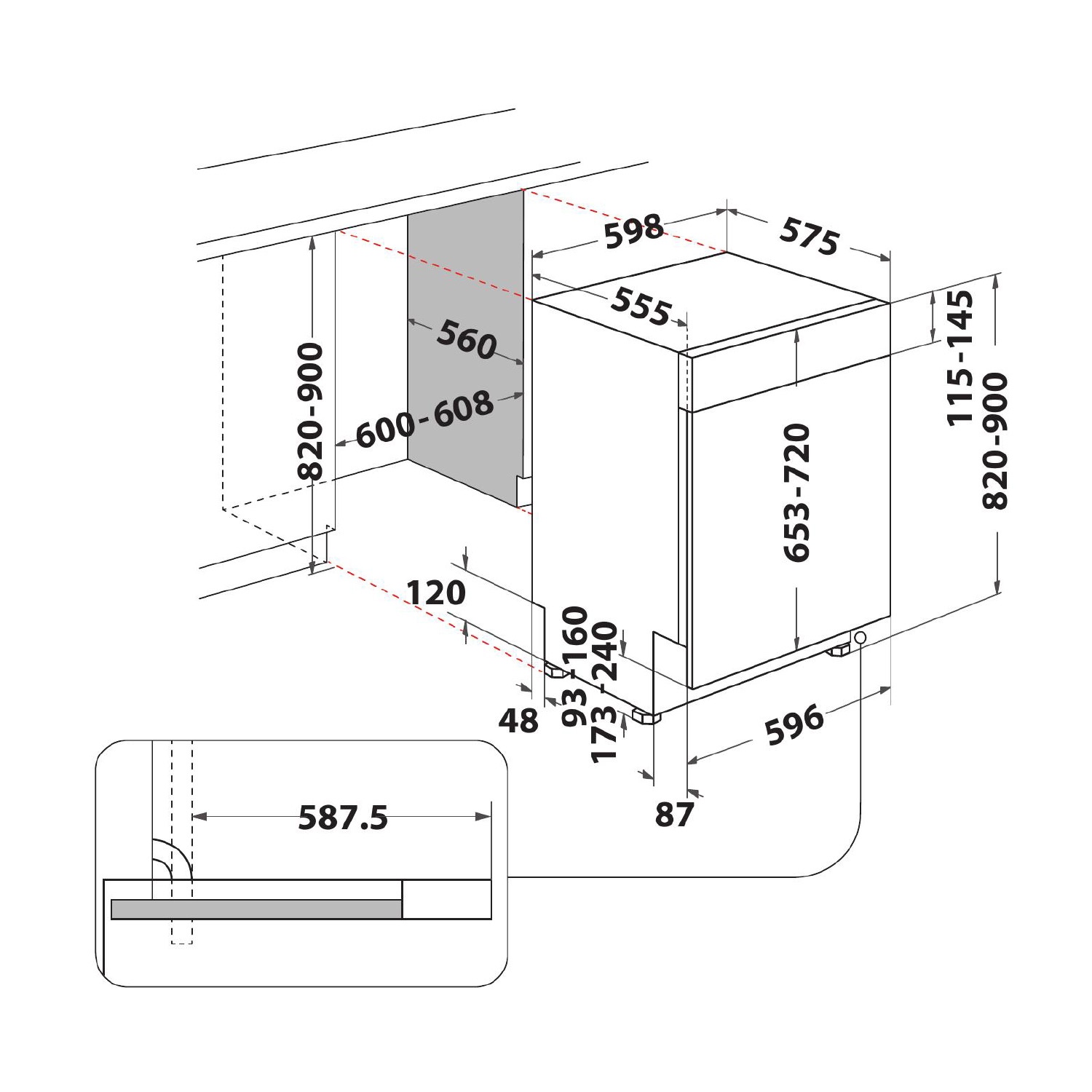 Diagramma di una lavastoviglie, con dimensioni in mm. Include una vista dettagliata.