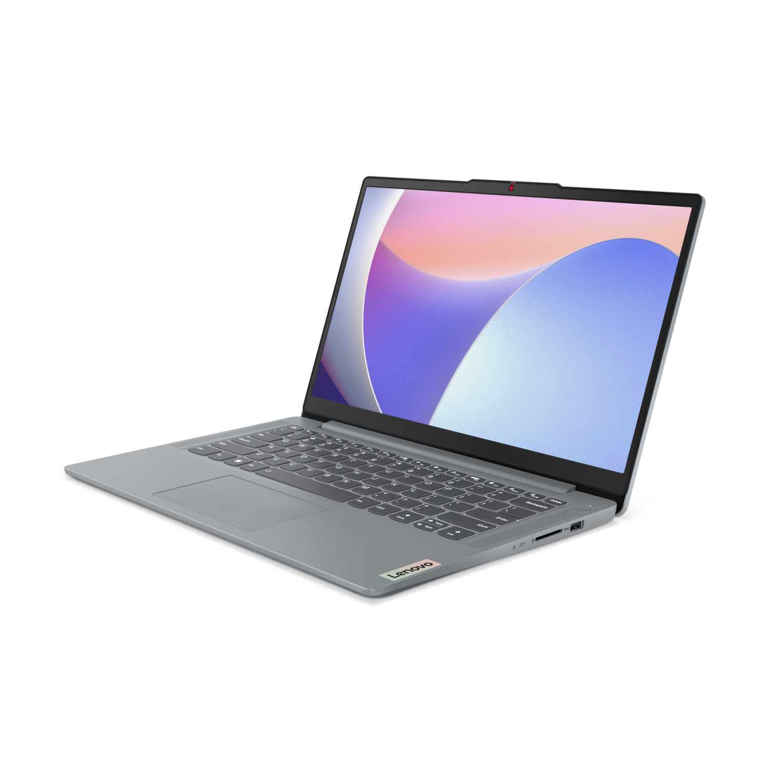 Ordinateur portable, ouvert, avec écran clair et clavier. Couleur gris clair.