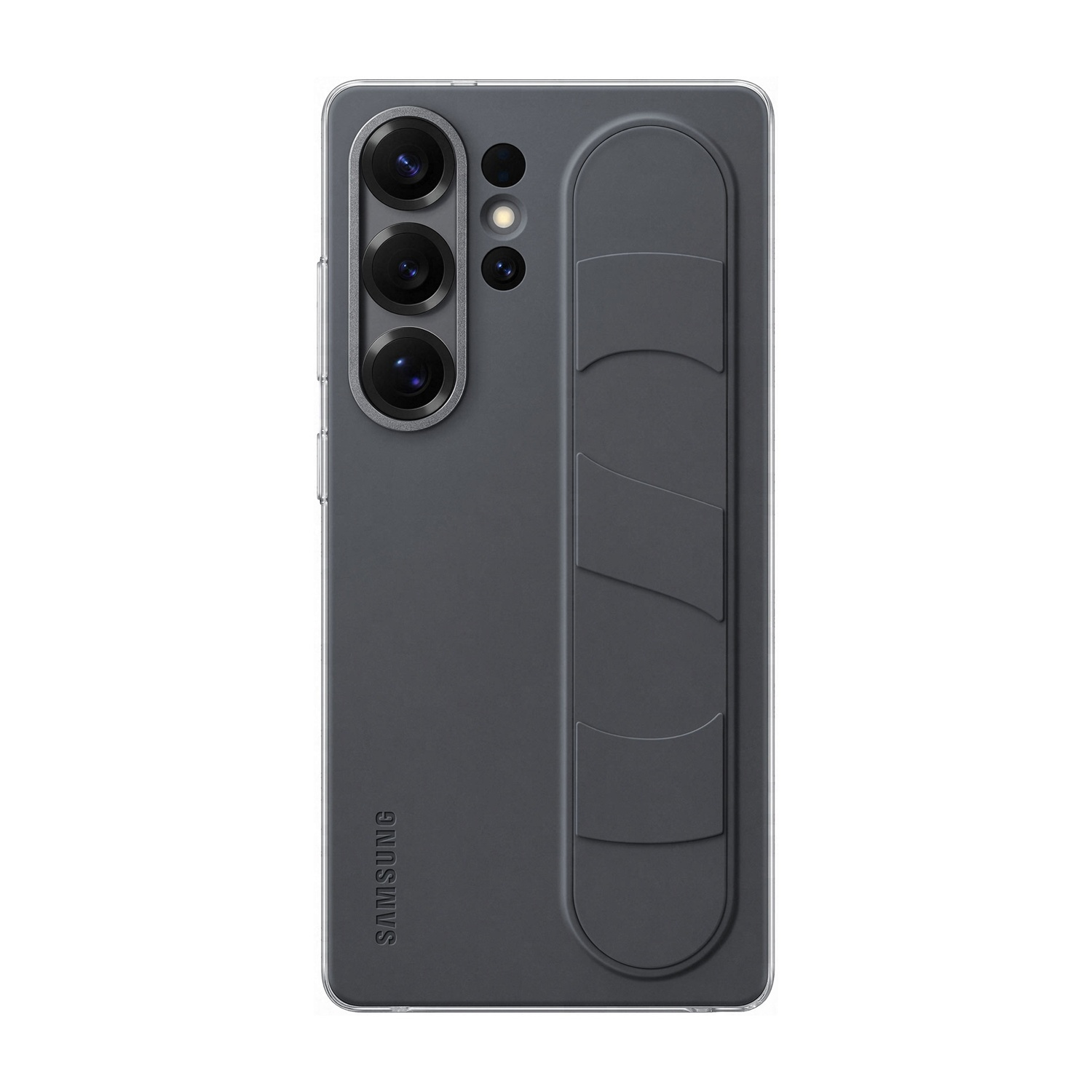 Custodia grigia per telefono con tre obiettivi della fotocamera e un supporto, su sfondo bianco.