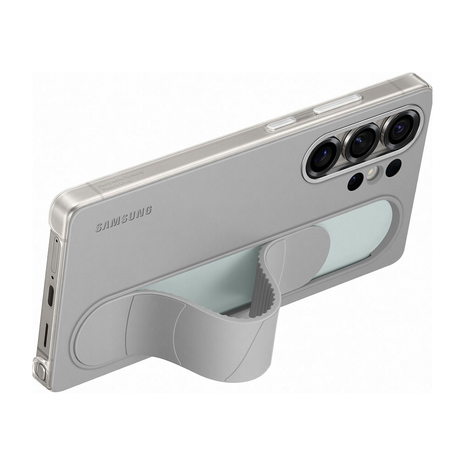 Custodia per telefono argentata con supporto. La custodia ha una cornice argentata e un retro grigio chiaro.