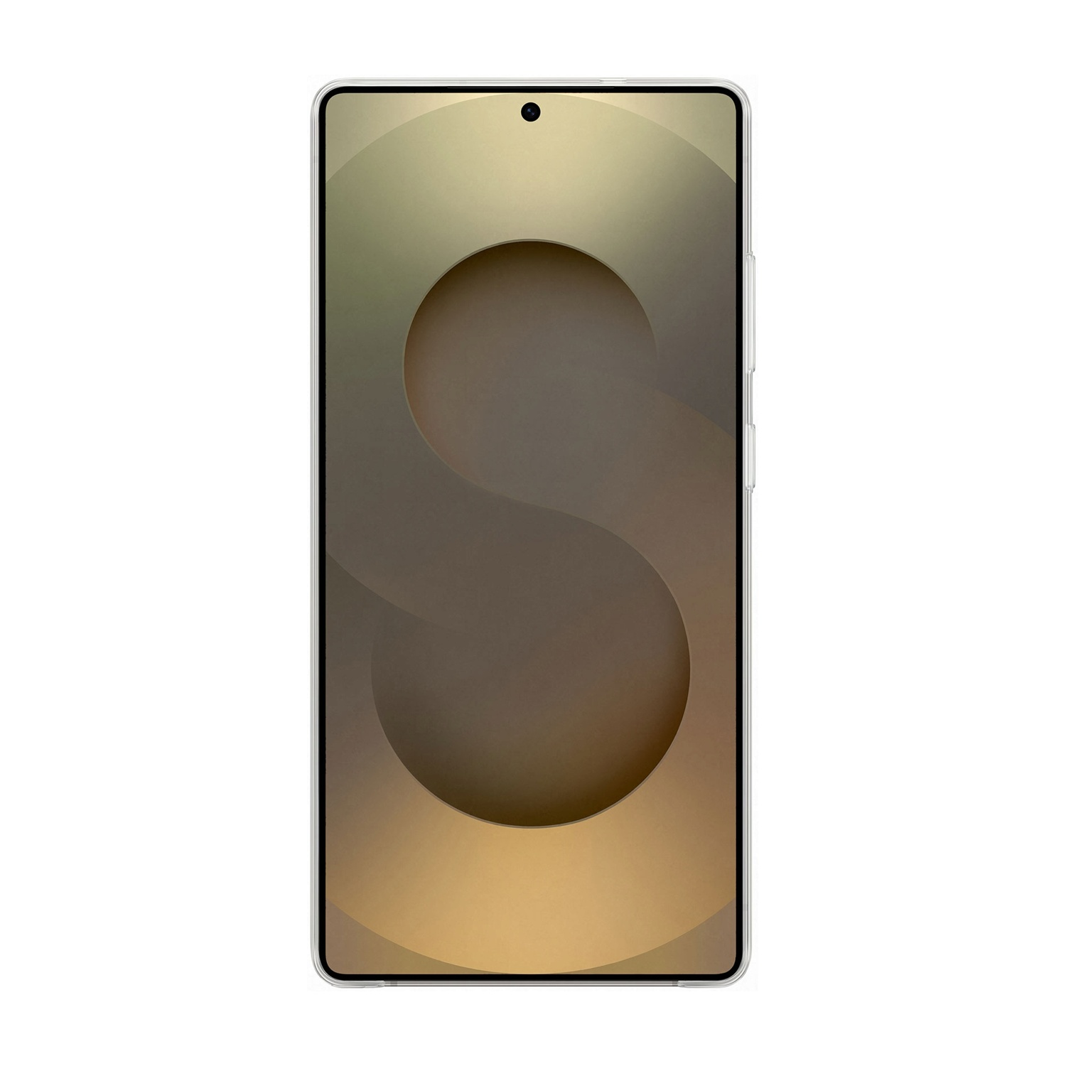 Uno smartphone con sfondo dorato, forma a 'S' e fotocamera. Il telefono è bianco.