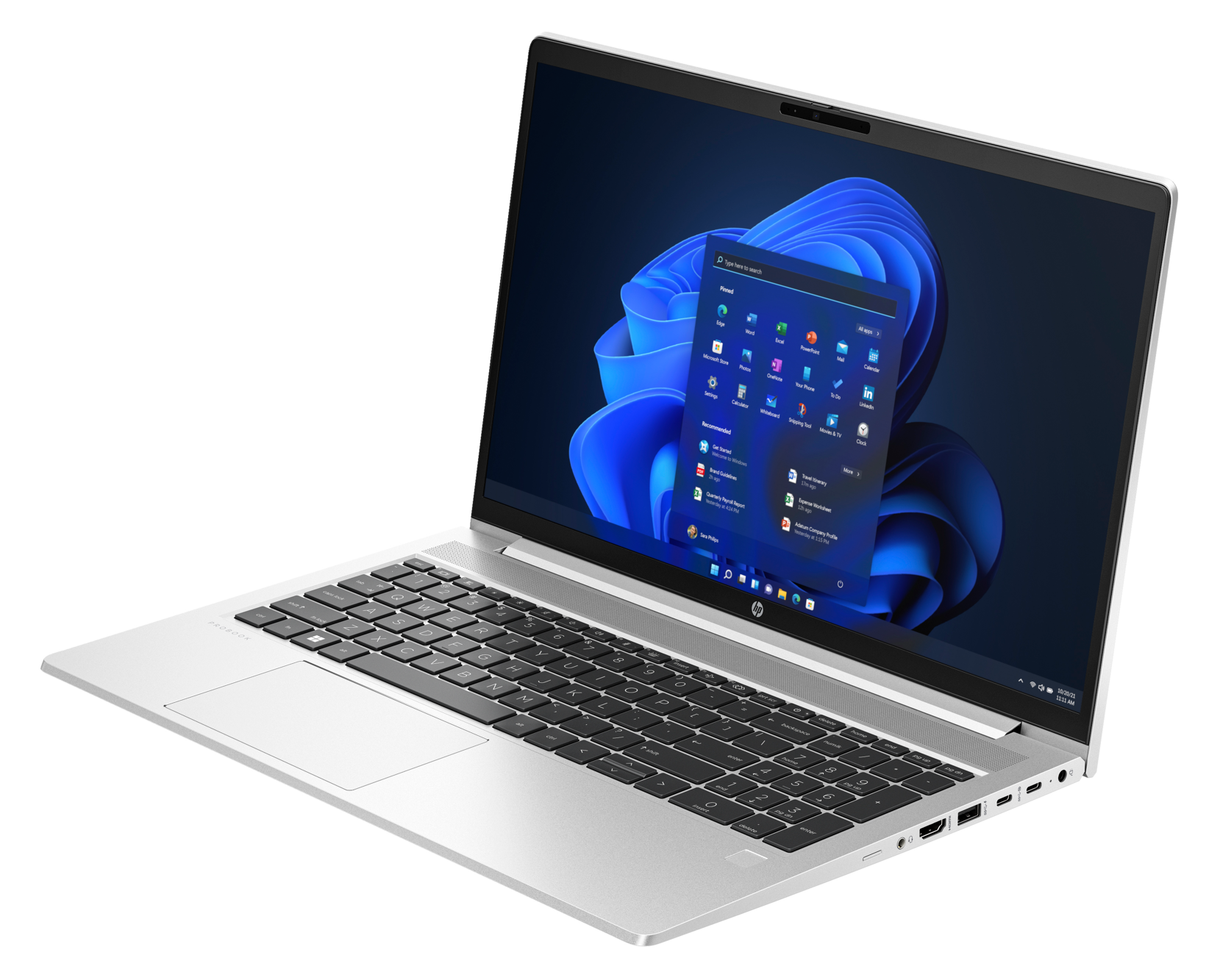 Srebrny laptop z widocznym pulpitem systemu Windows, otwarty na czarnej powierzchni.