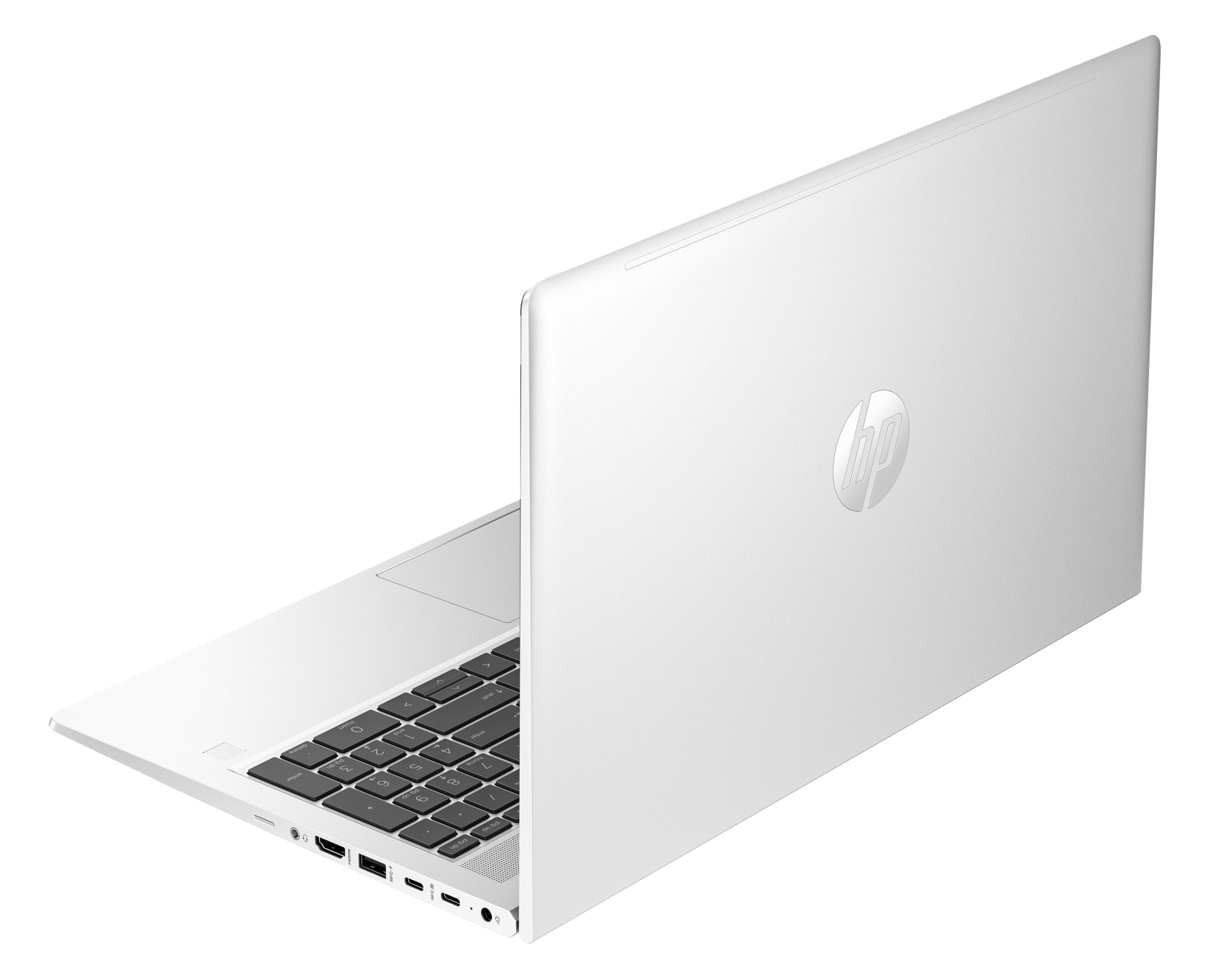 Biały laptop, pod kątem, pokazujący klawiaturę i tył z logo.