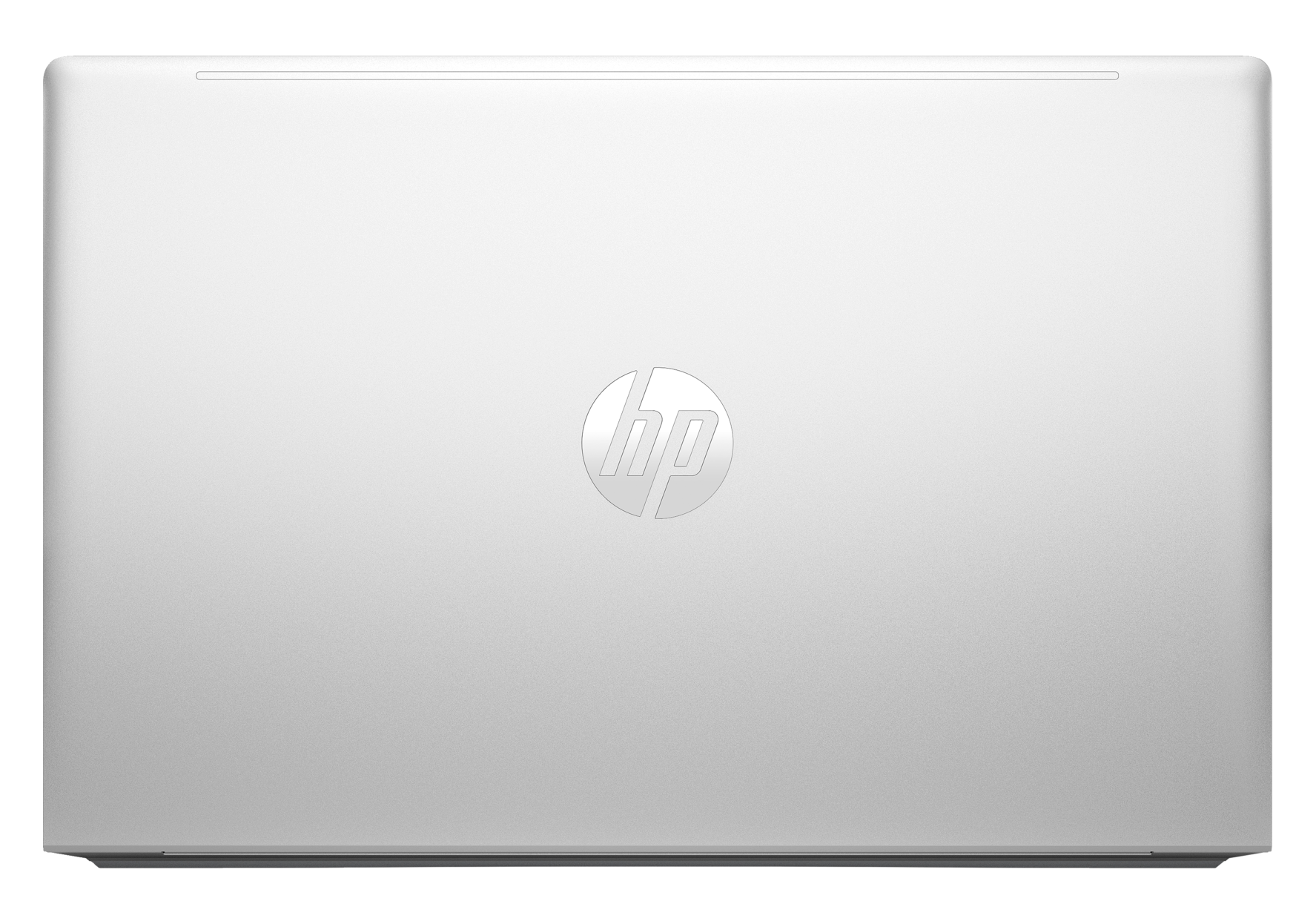 Tył srebrnego laptopa, pokazujący logo HP na środku.