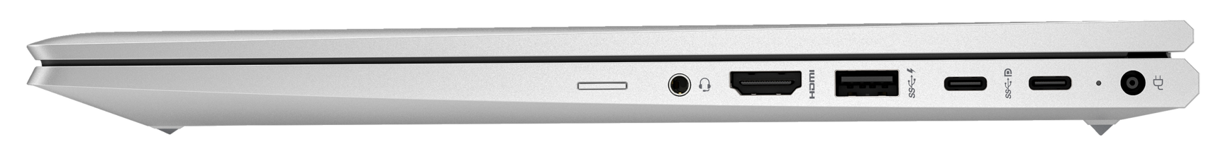 Srebrna strona laptopa z portami i otworami.