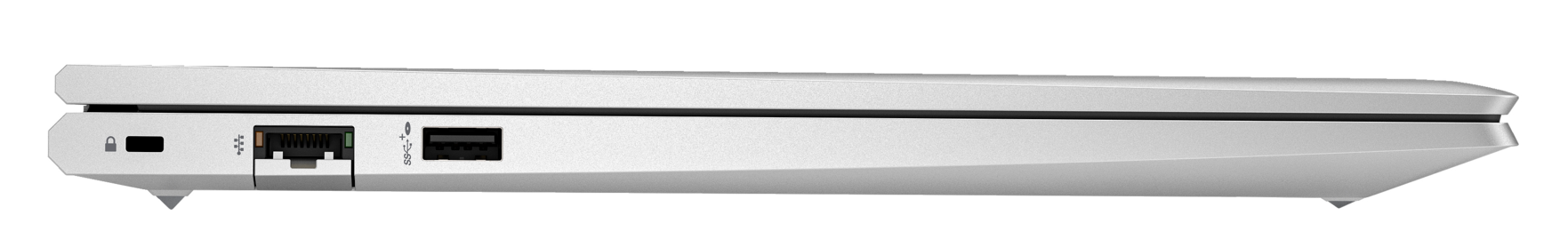 Widok z boku srebrnego laptopa, pokazujący porty: Ethernet, USB i wejście zasilania. Czarne tło.