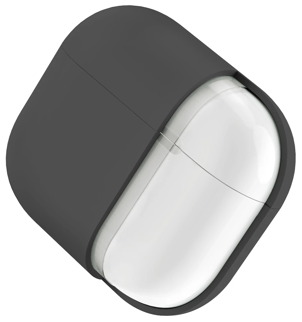 Czarna obudowa ładująca z białą, zaokrągloną obudową słuchawek w środku. Obudowa jest pod kątem.