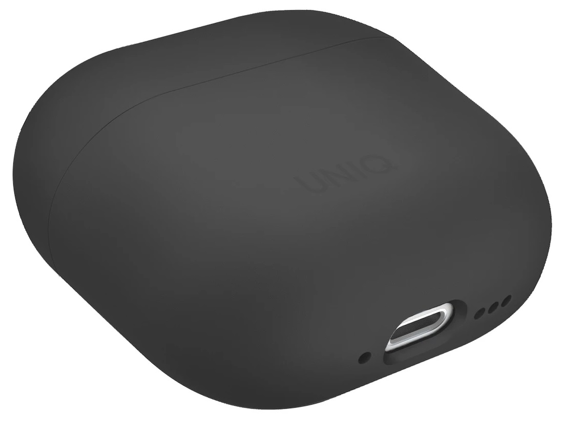Czarne etui ładujące słuchawki z portem ładowania i nazwą marki 'UNIQ'.