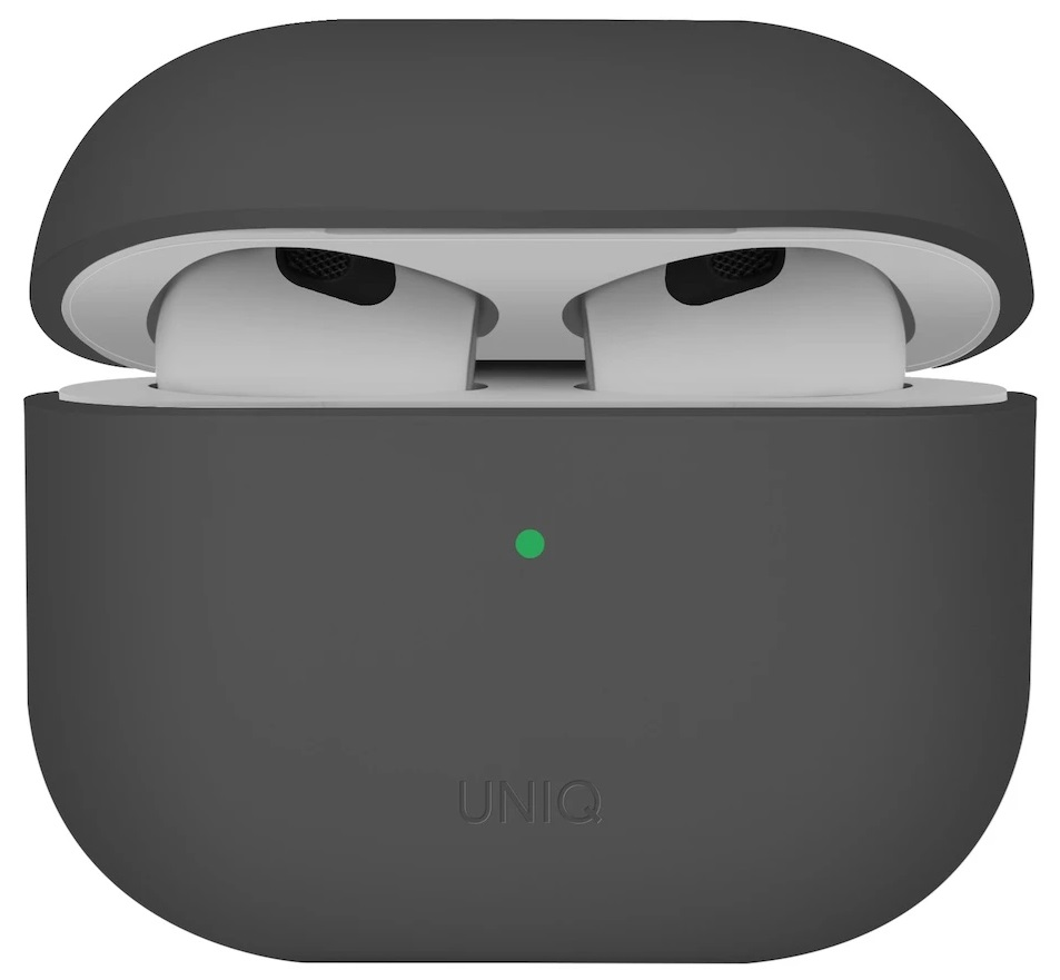 Ciemnoszara obudowa słuchawek jest otwarta, odsłaniając słuchawki w środku.