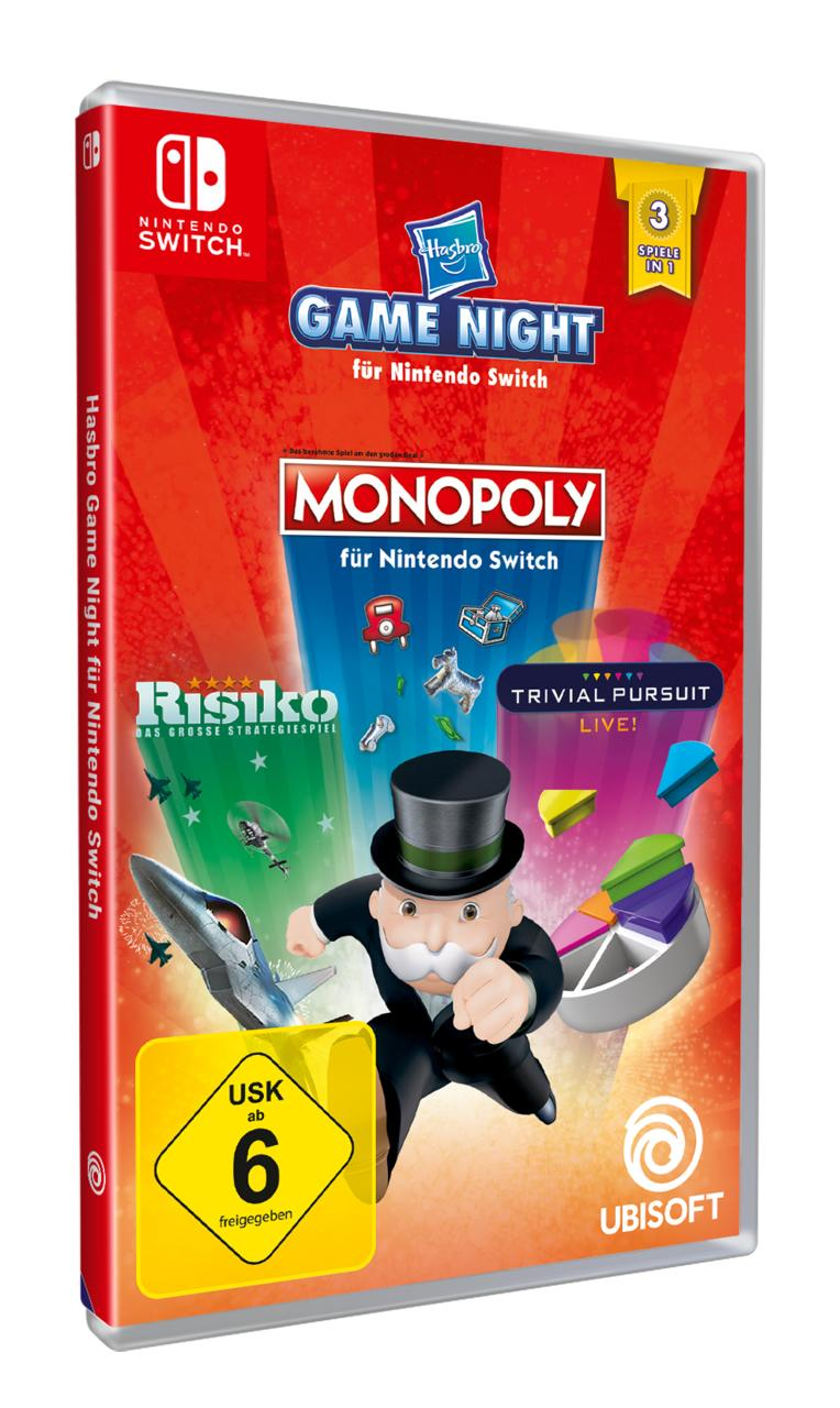 Eine Nintendo Switch-Spielbox mit Monopoly, Risiko und Trivial Pursuit.