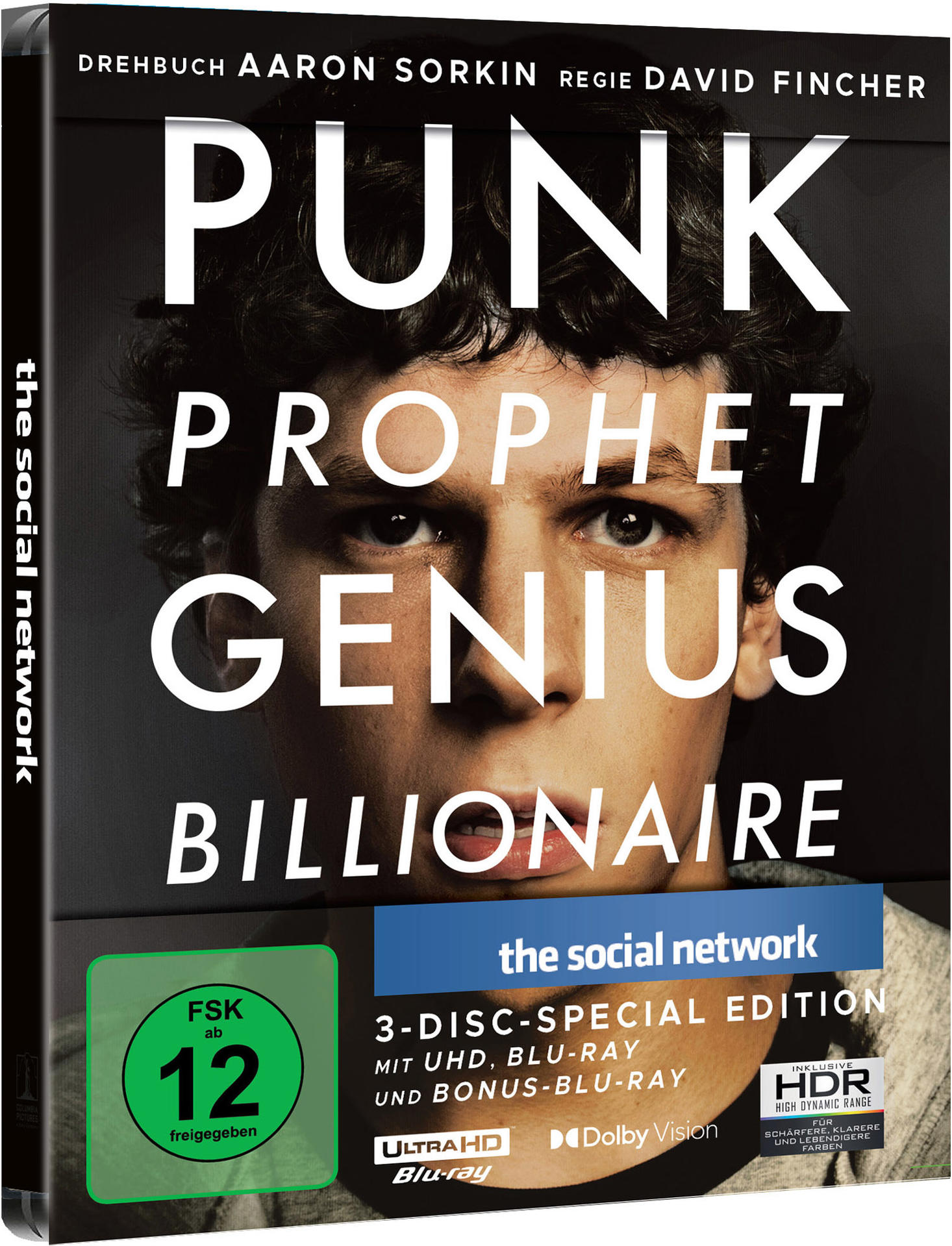 Filmcover: The Social Network. Das Gesicht eines Mannes ist mit Text zentriert. Die Bewertung ist sichtbar.