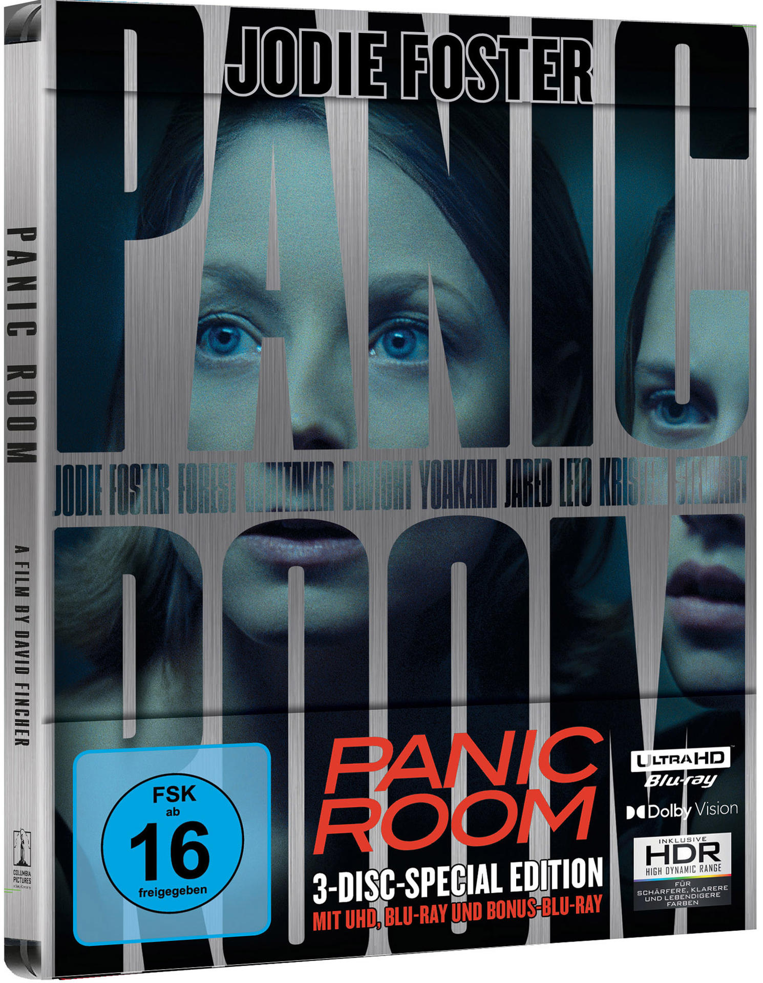 DVD-Cover des Films Panic Room. Mit Jodie Foster. Blu-ray- und Ultra HD-Logos. Schwarz und Silber.