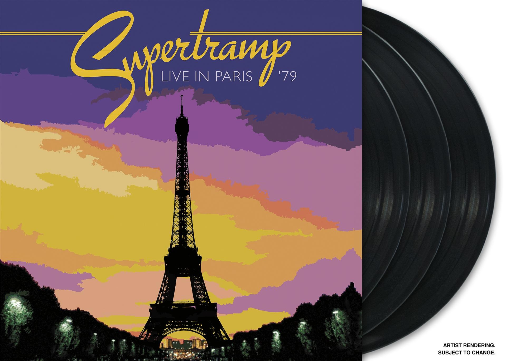 Albumcover von Supertramp 'Live In Paris '79'. Zeigt den Eiffelturm bei Sonnenuntergang.