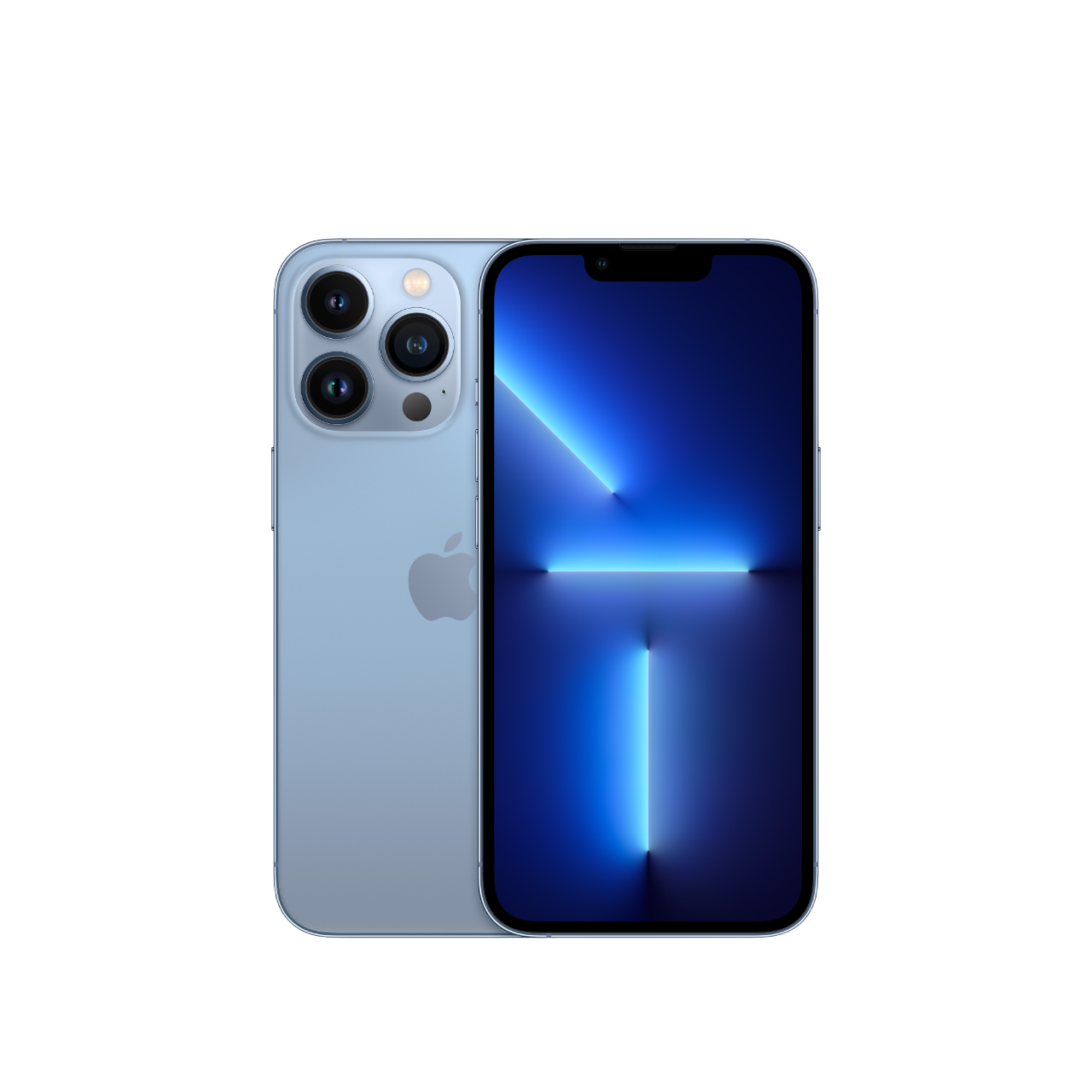 Siyah bir arka plan üzerinde, arkası ve ekranı görünen açık mavi bir iPhone.