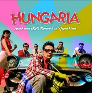 A Hungaria rock and roll koncertjének borítója. Együttes autóval színes környezetben.