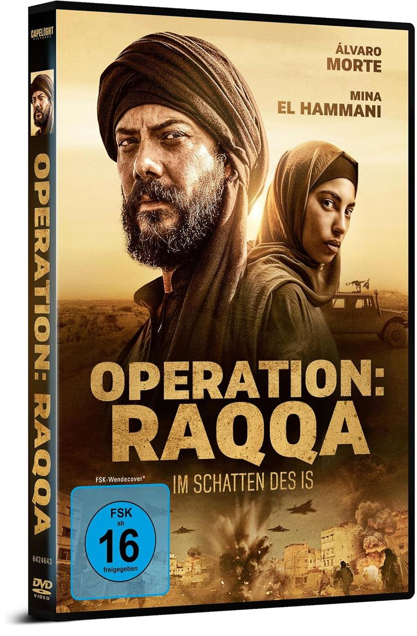 DVD-Hülle für "Operation: Raqqa" mit zwei Personen in Turbans, Wüstenhintergrund, Textüberlagerung.