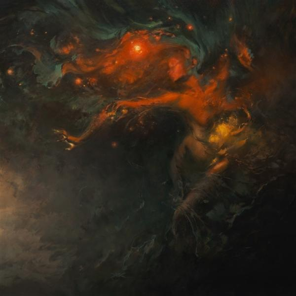 Eine Figur aus roter und orangefarbener kosmischer Materie mit grünen Nebeln.