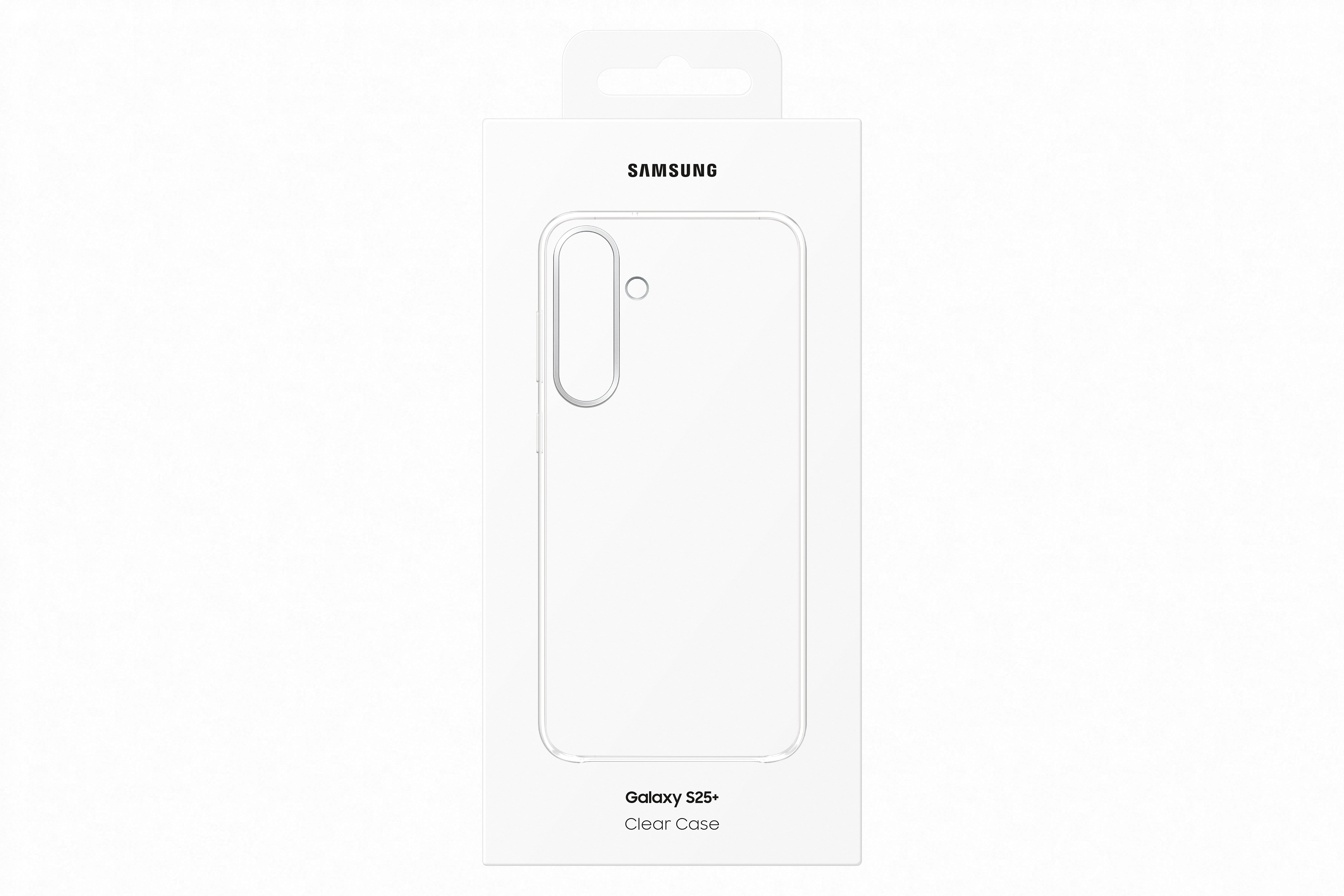 Eine weiße Schachtel für eine transparente Handyhülle, mit Umriss und Samsung-Logo.