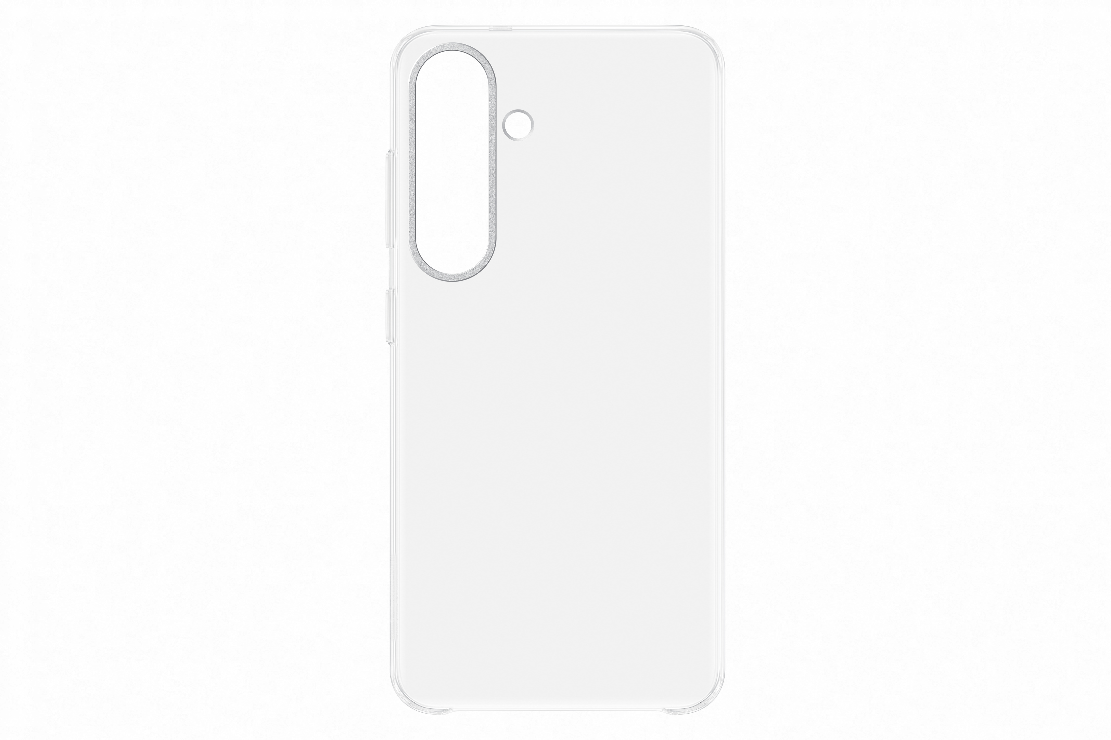 Transparente Handyhülle auf weißem Hintergrund. Mit Kameraöffnung und Knöpfen.