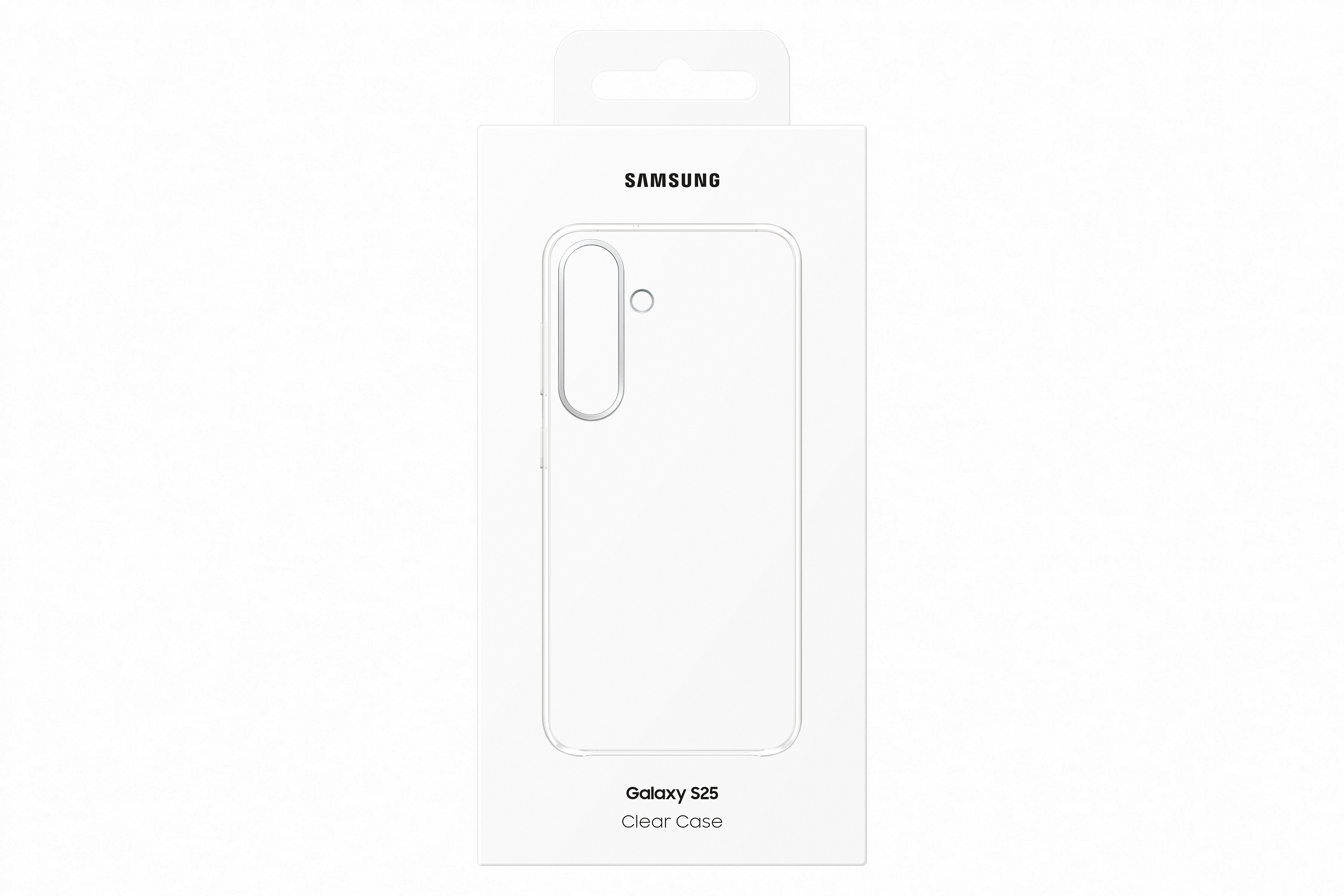 Eine transparente Handyhülle in einer weißen Box, mit dem Samsung-Logo.