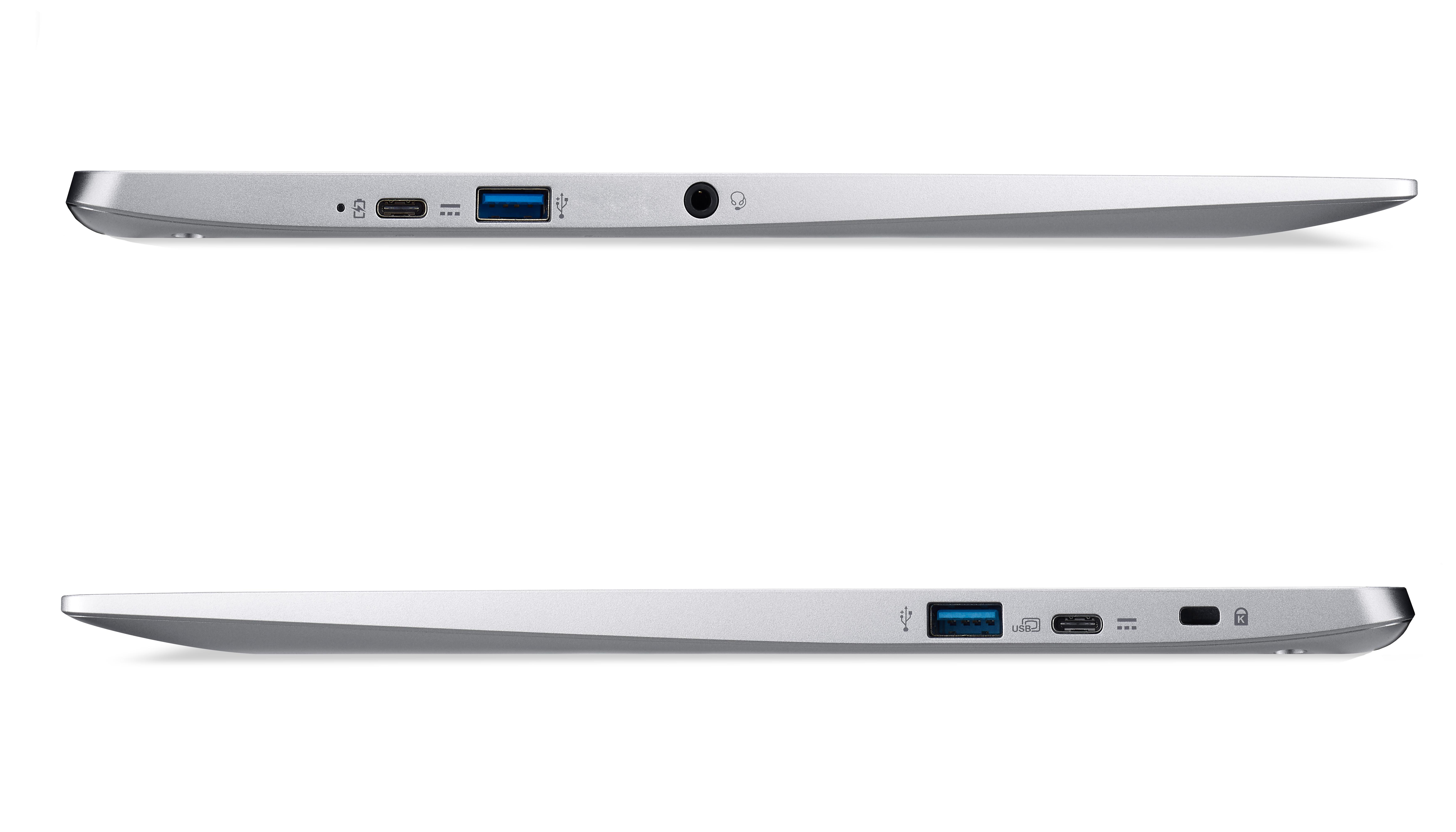 Zwei silberne Laptops, Seitenansicht, mit Anschlüssen und Design.