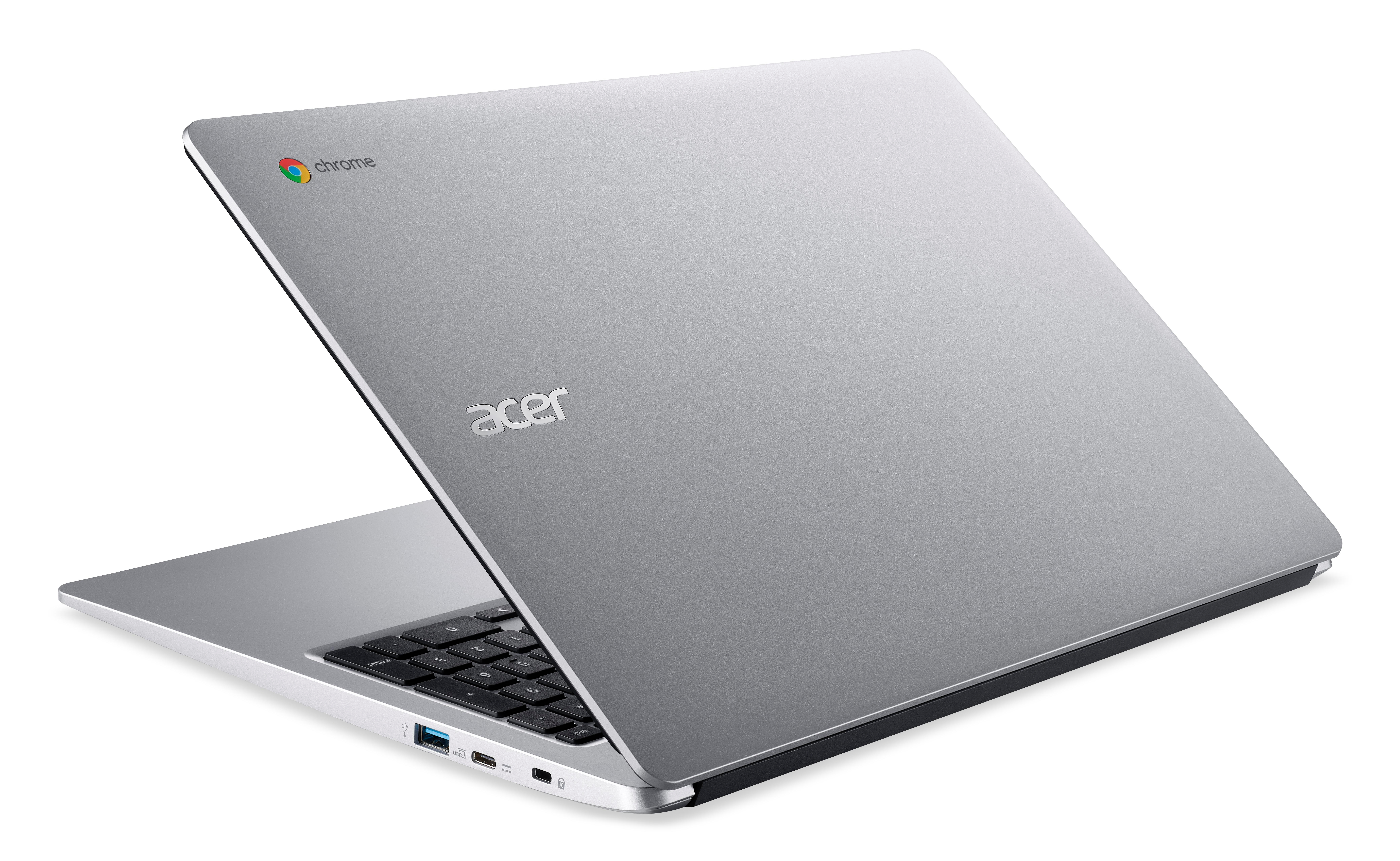 Silbernes Acer Chromebook Laptop geschlossen, Deckel und Chrome-Logo zeigend, auf weißem Hintergrund.