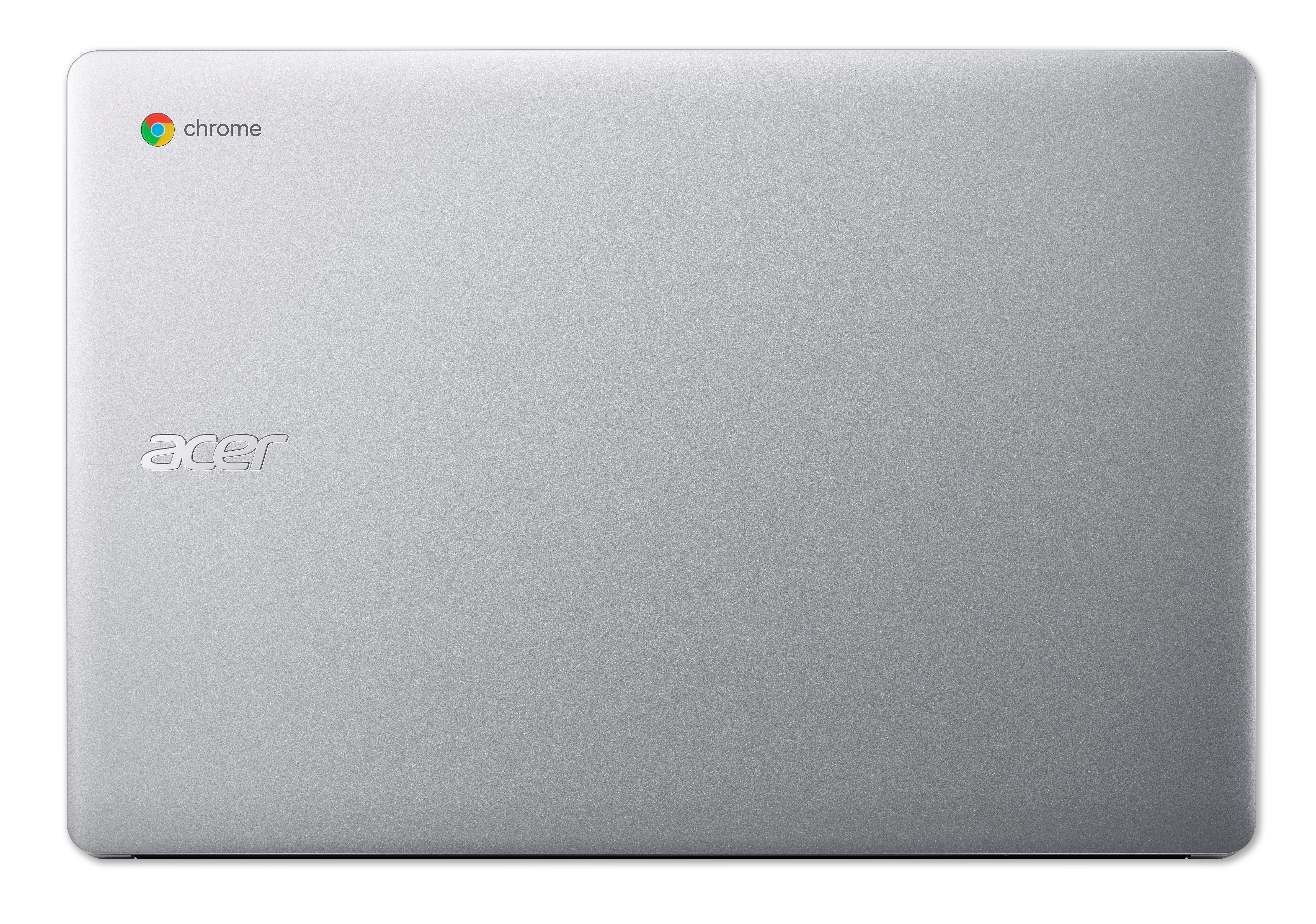 Silberner Laptop geschlossen, mit Acer-Logo und Chrome-Logo auf der Oberseite.