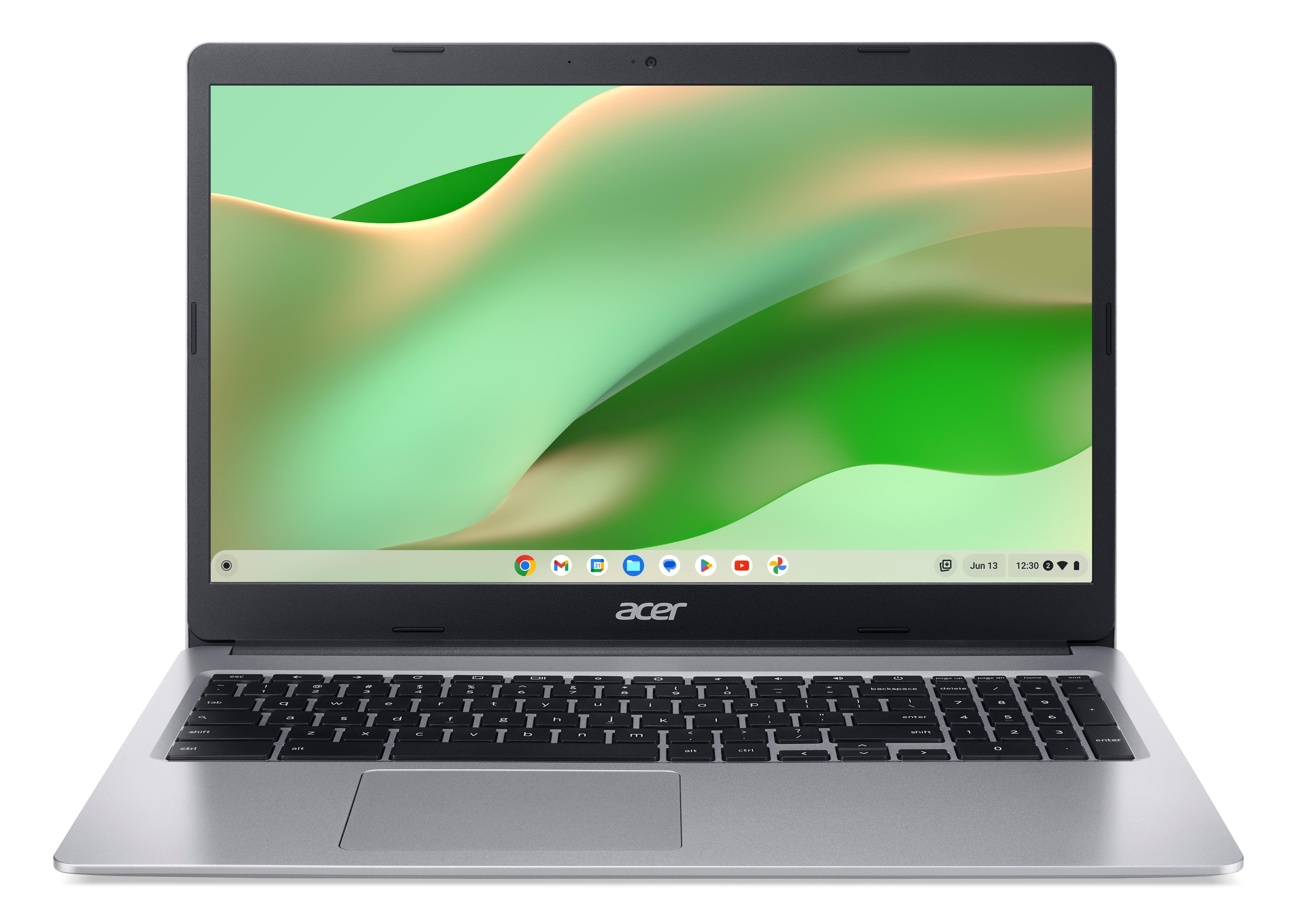 Ein offenes Acer Chromebook Laptop in Silber, Tastatur und Bildschirm mit grünem Display zeigend.