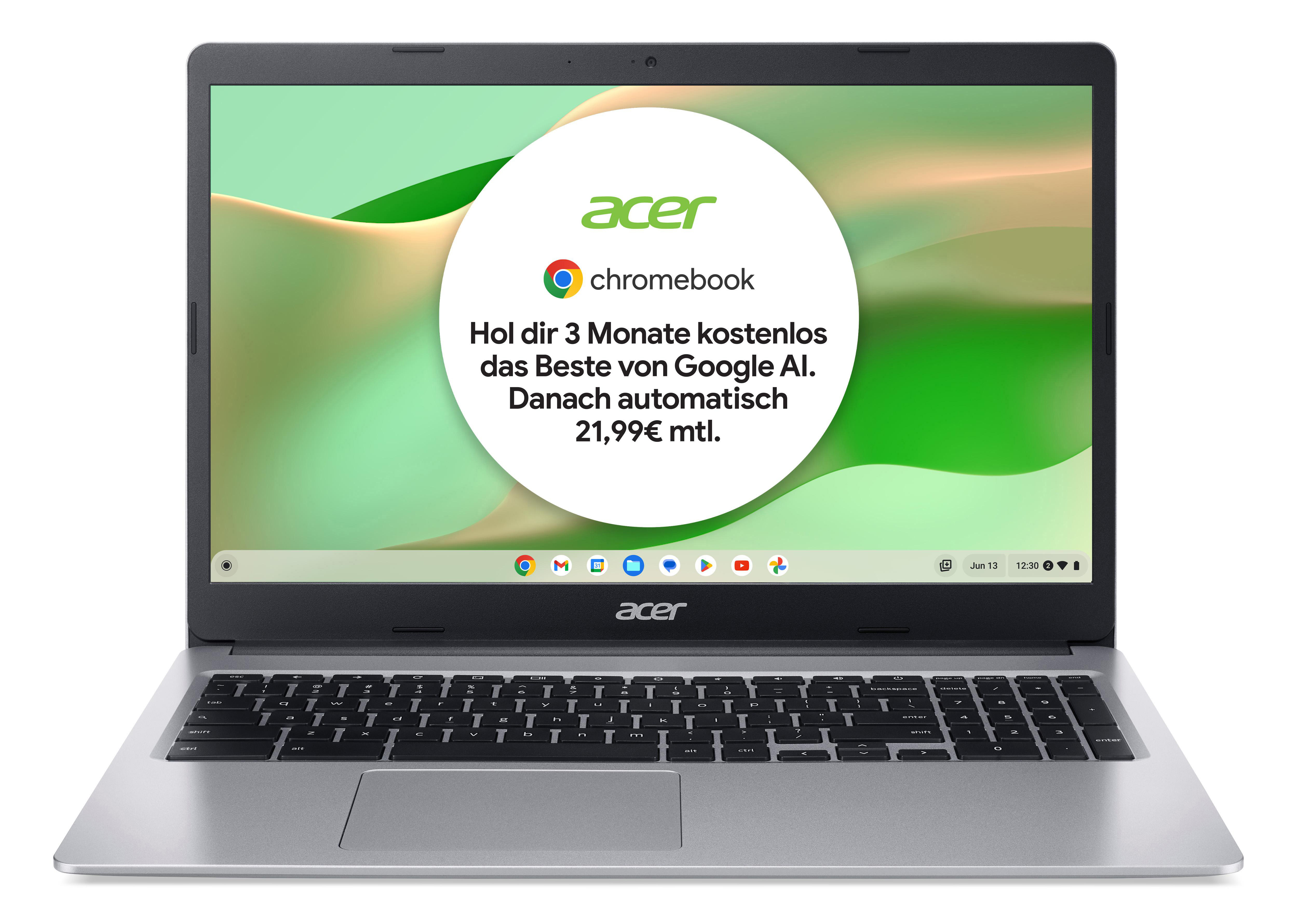 Silberner Laptop mit Bildschirm, der einen weißen Kreis mit Text anzeigt. Acer- und ChromeBook-Logos.