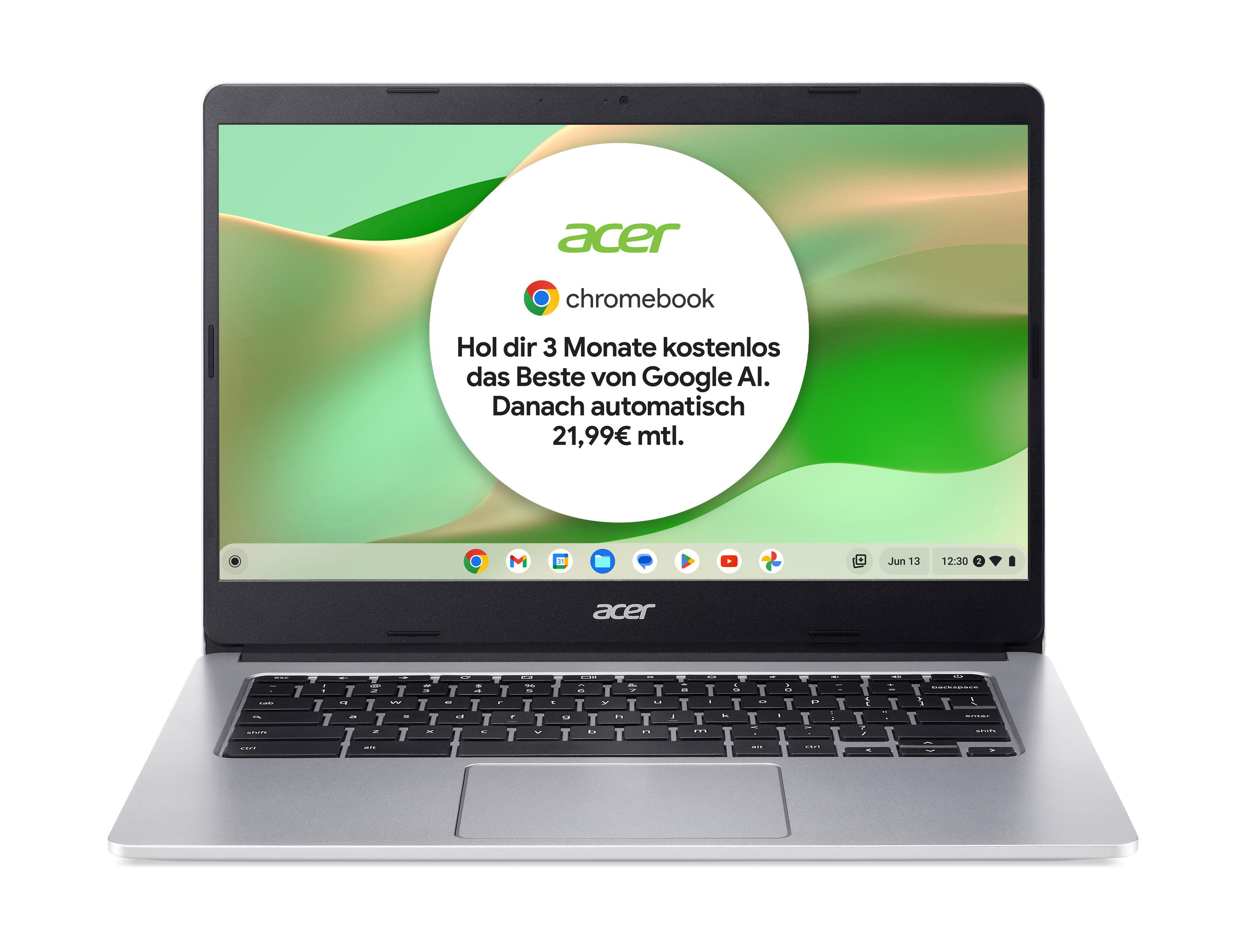 Silberner Acer Chromebook Laptop mit weißem Bildschirm, der Text und Logo zeigt. Auf weißer Oberfläche.